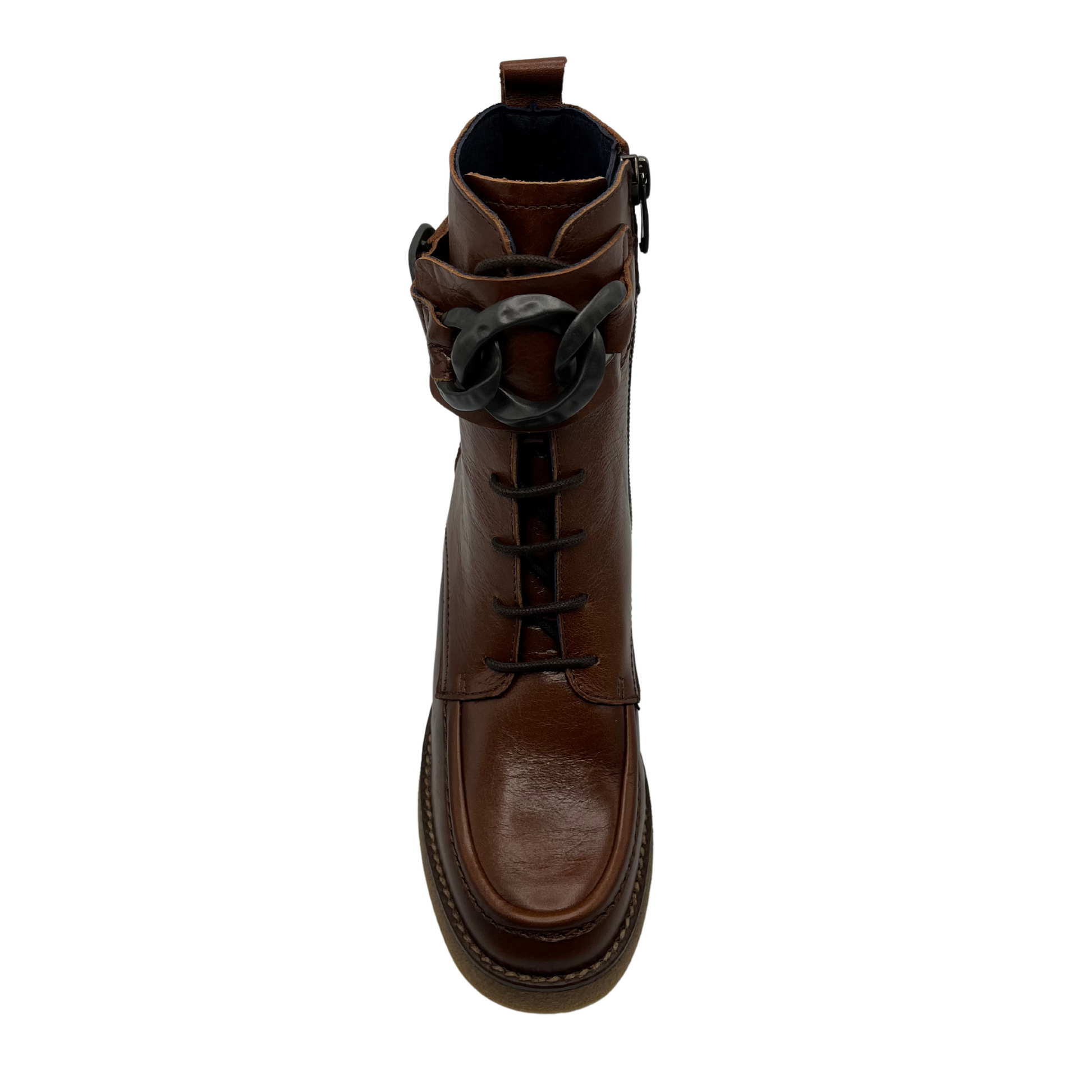 Top view of brown leather short boots with a chunky block heel, rounded toe and both lace up front with side zipper closure