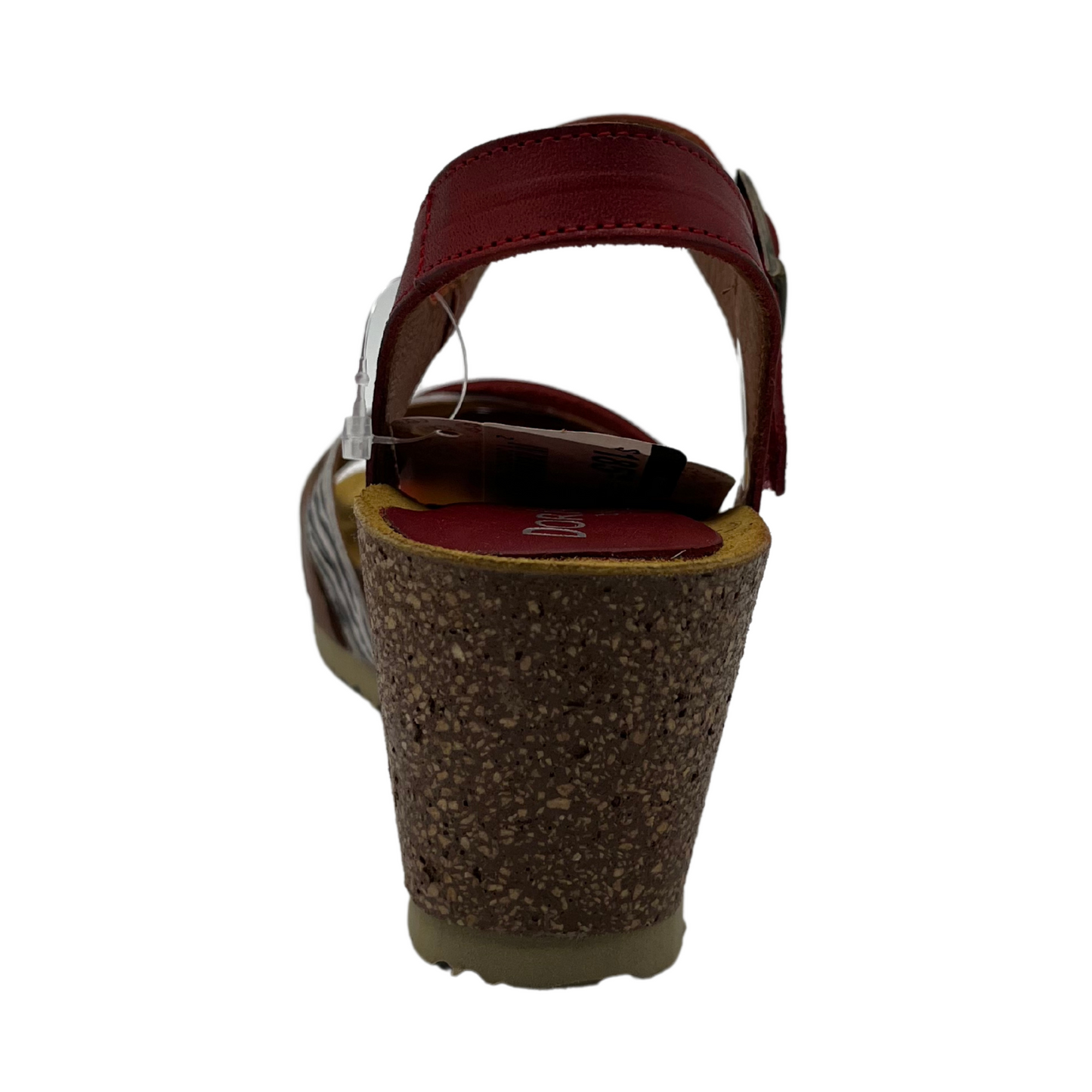 Back view of brown and metallic leather strapped sandal with rubber outsole