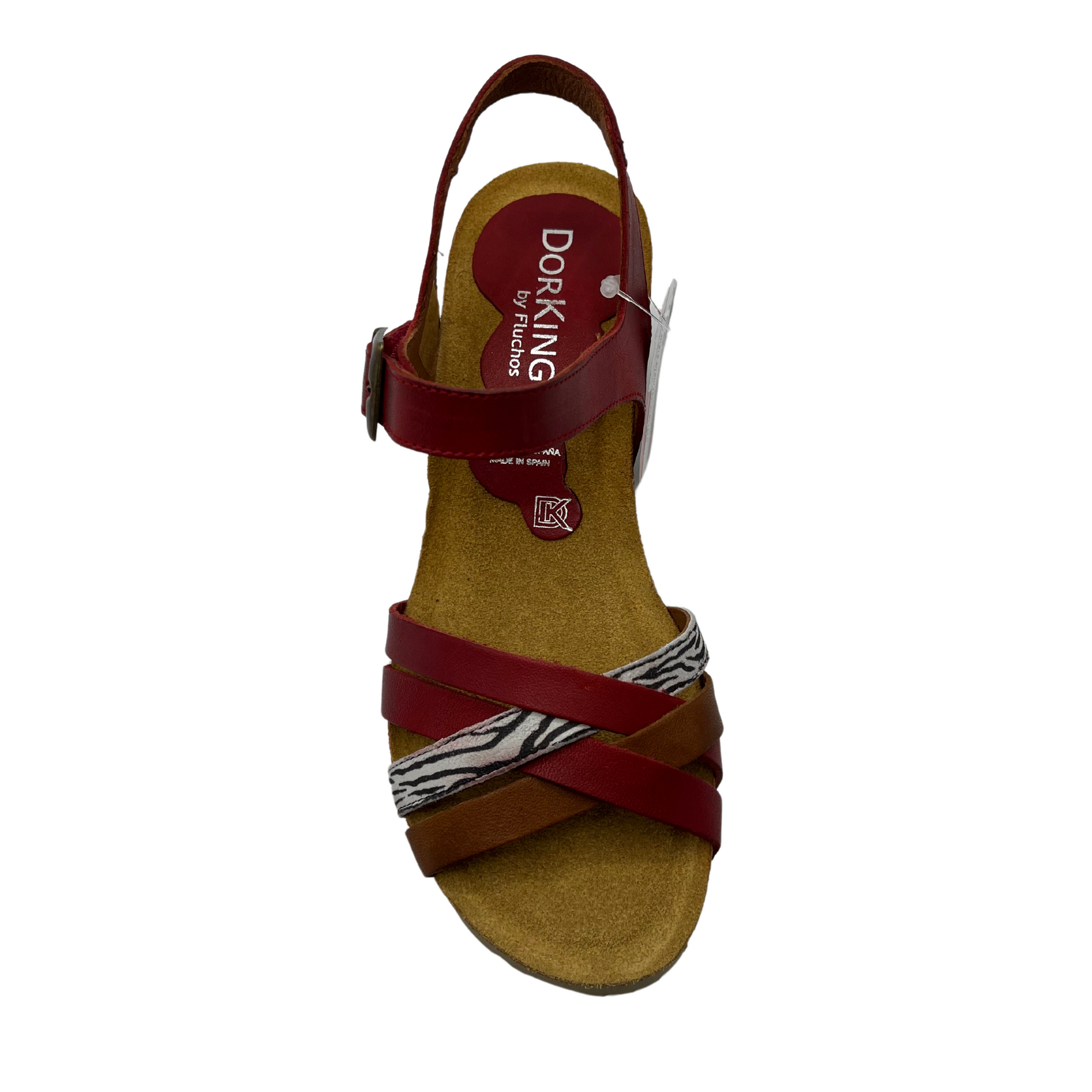 Top view of brown and metallic leather strapped sandal with rubber outsole