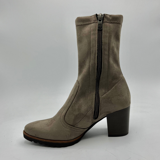 Taupe ankle boot with a zipper on a white background