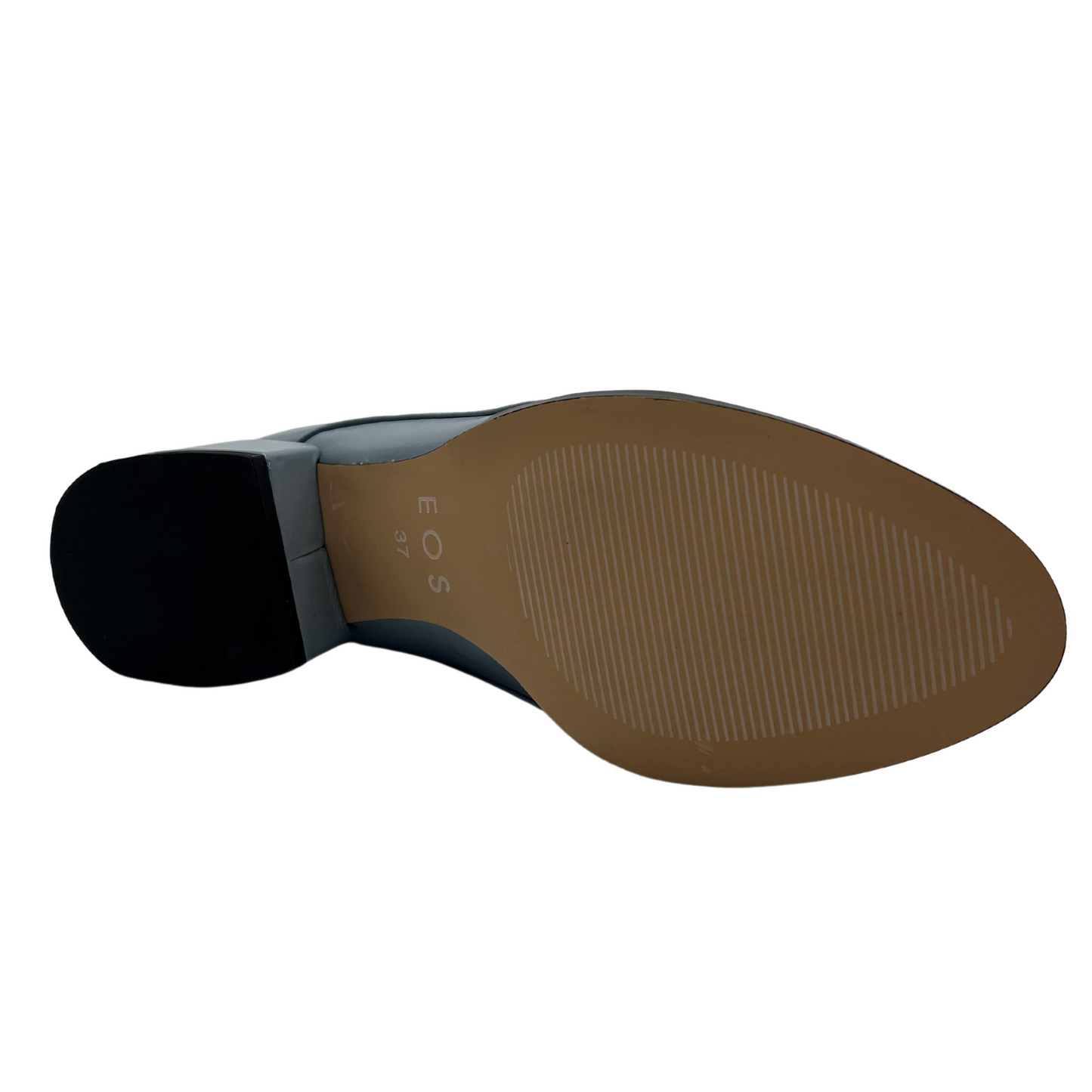 Bottom view of a blue leather derby shoe with leather lining, wrapped block heel and ingle eyelet laces.
