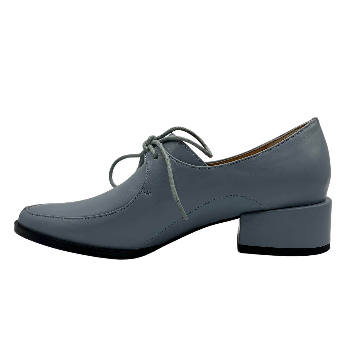 Left facing view of a blue leather derby shoe with leather lining, wrapped block heel and ingle eyelet laces.
