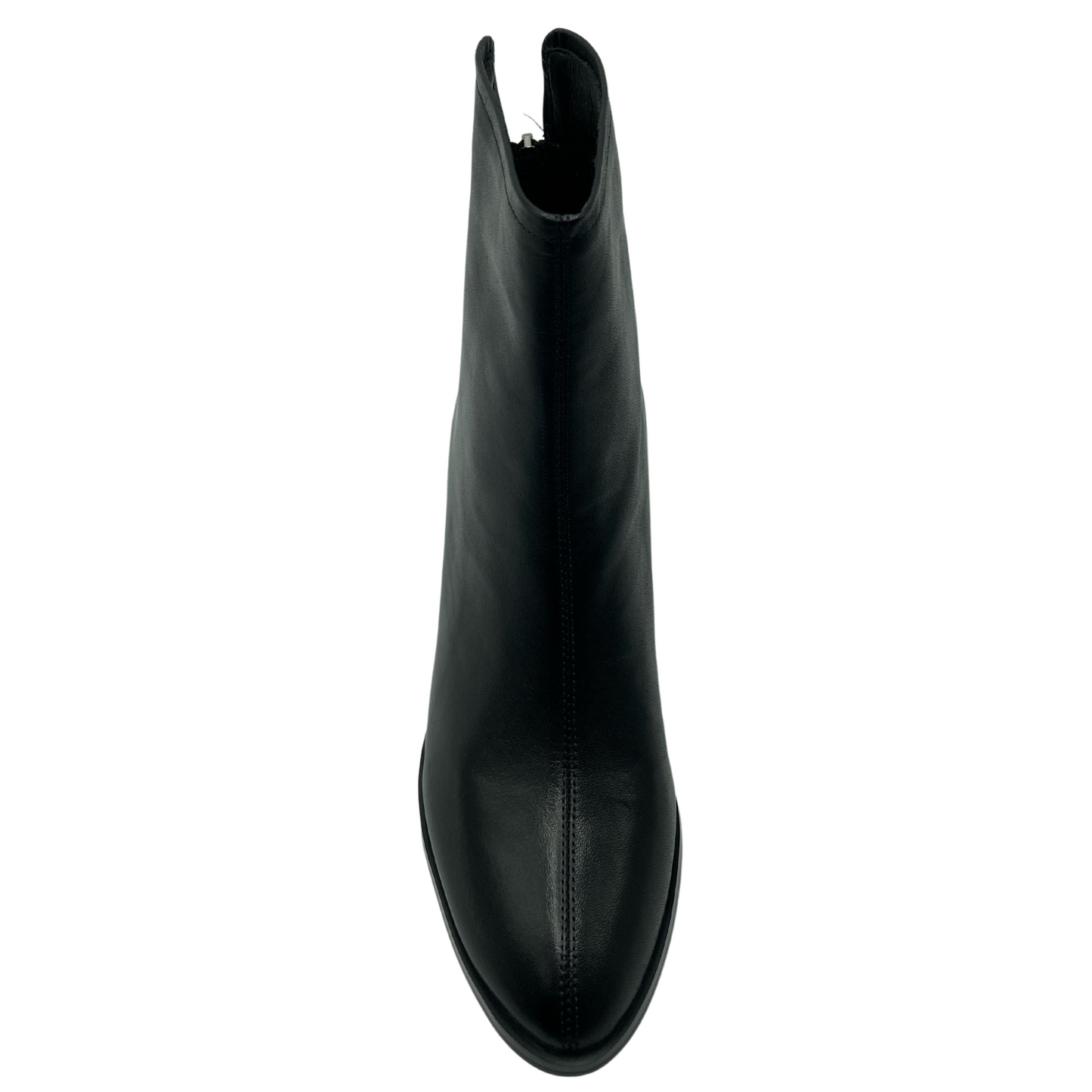 Top view of almond toe ankle boot made of black leather