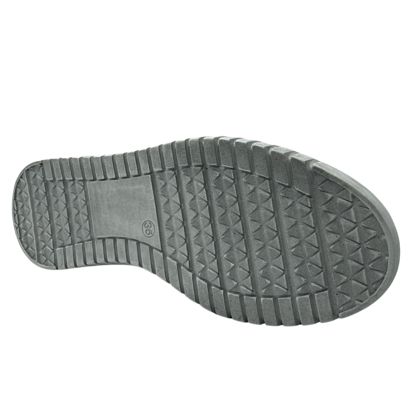 Bottom view of leather sneaker with white rubber outsole