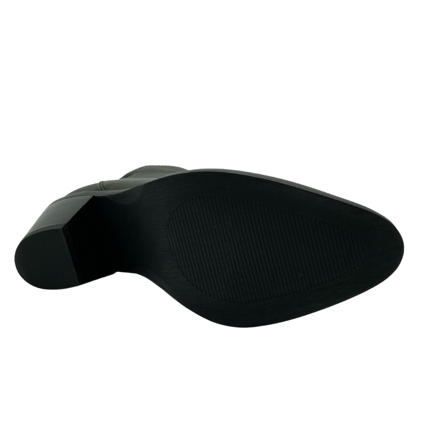 Bottom view of black sole of chunky heeled, pointed toe boot