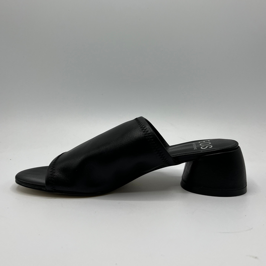 Left facing view of a black leather slip on sandal with a chunky rounded heel