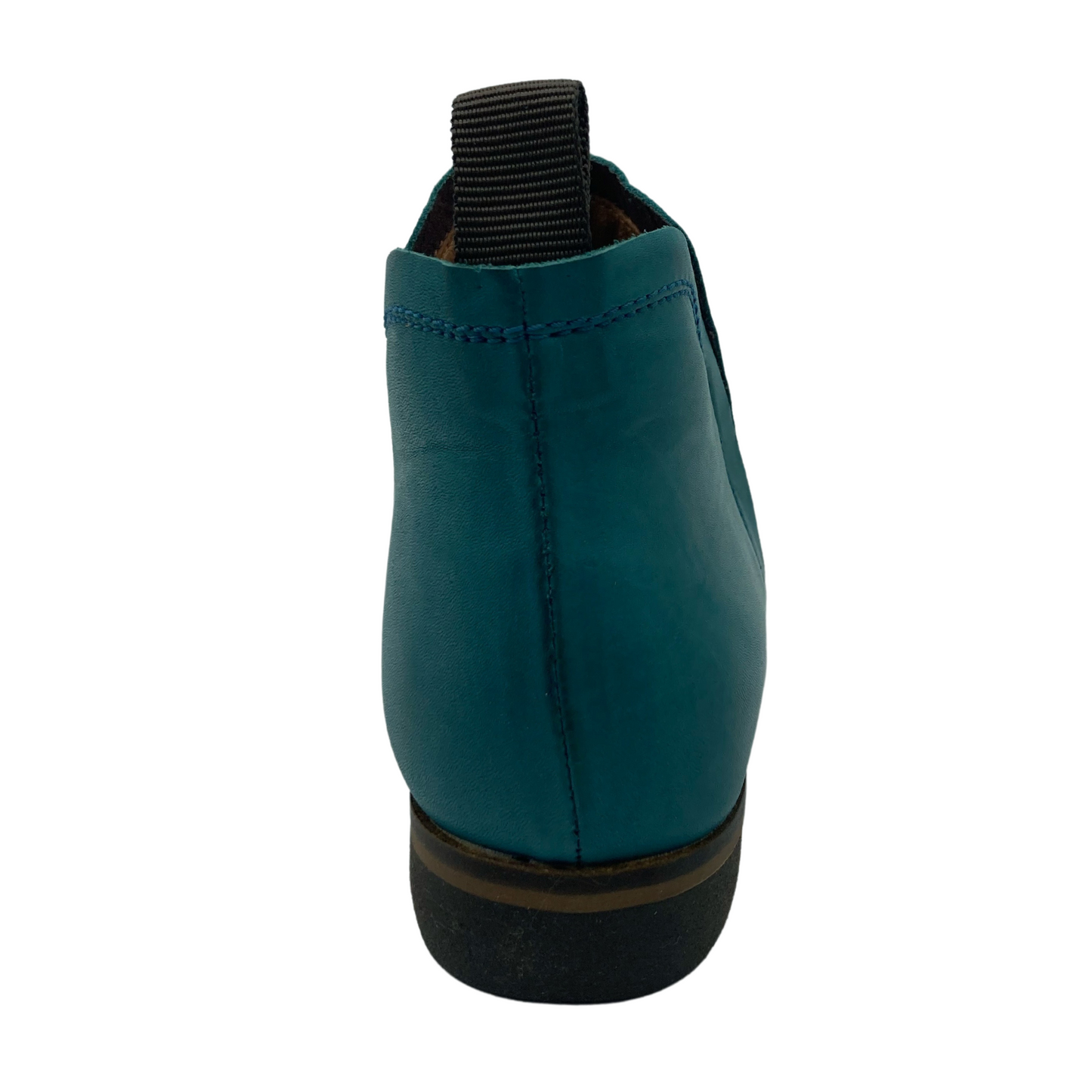 Back view of blue leather ankle boot with short block heel and textile pull-on tab