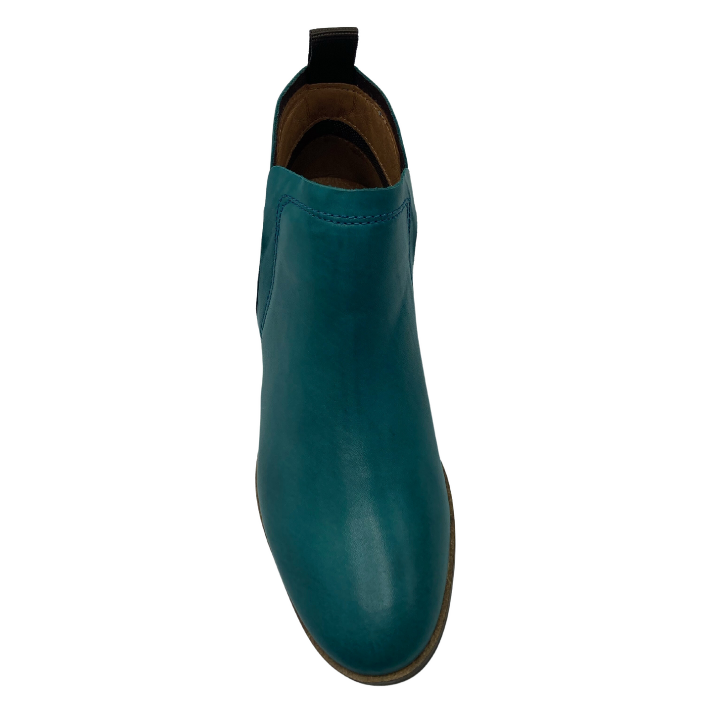 Top view of blue leather ankle boot with rounded toe and pull-on tab