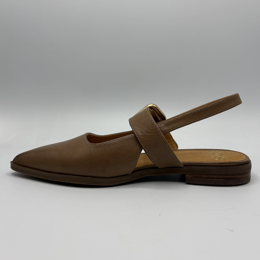 Brown flat shoe with a slingback strap on a gray background