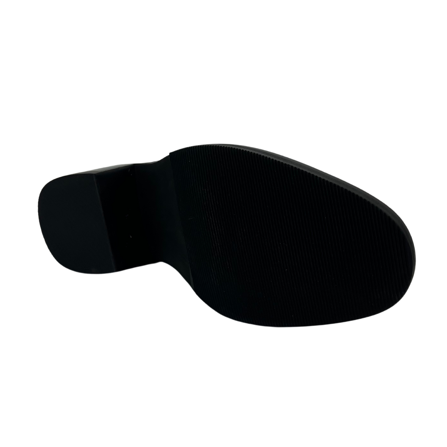 Bottom view of black leather short ankle boots, short block heel and pull on heel tab