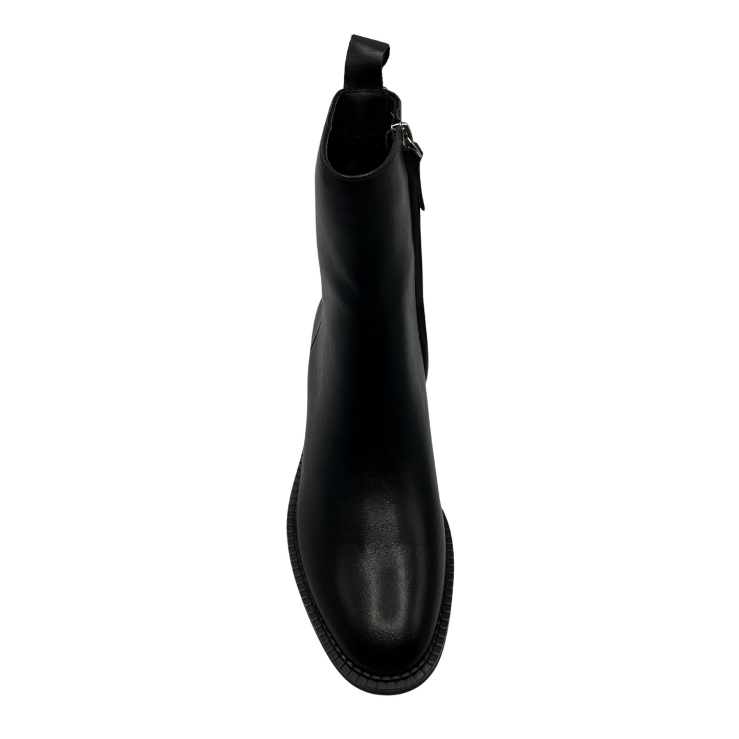 Top view of black leather short ankle boots, short block heel and pull on heel tab