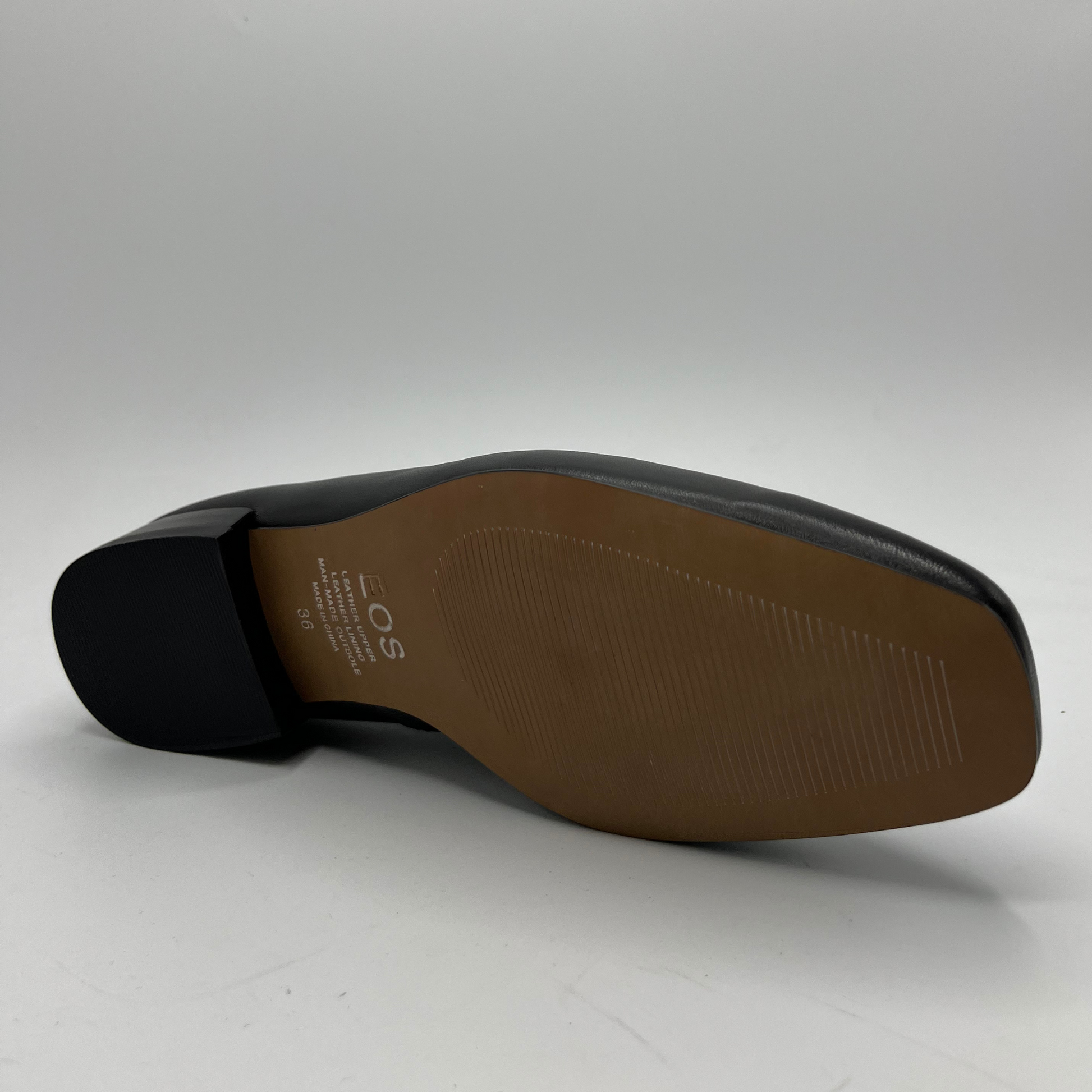 Close-up of a shoe sole with 'EOS' branding on a white background