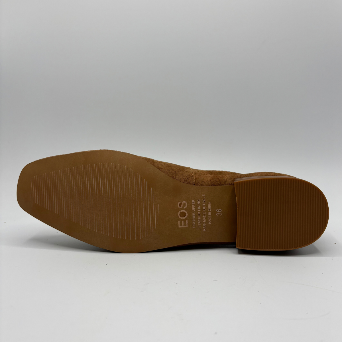 Bottom view of a brown leather loafer with a short stacked heel on a white background
