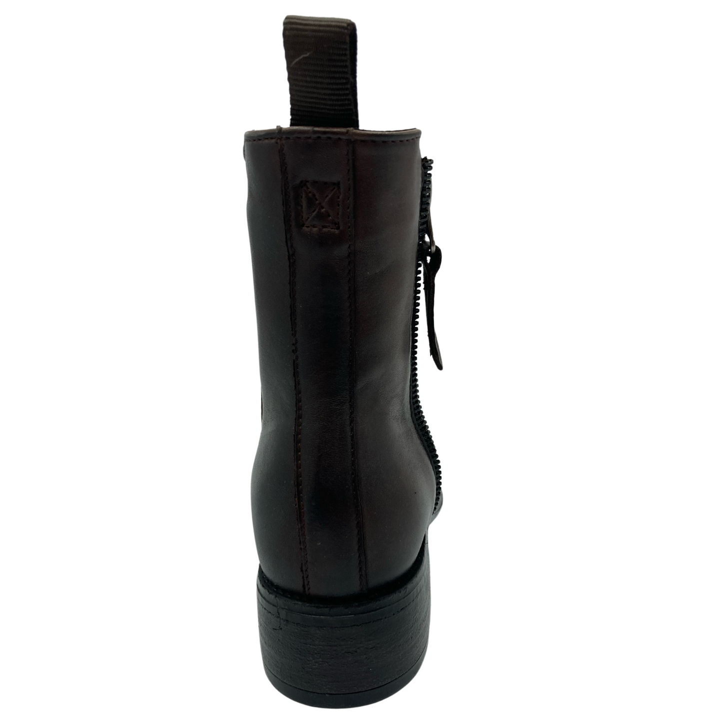 Heel view of brown leather boot with brown block heel and zipper closure on the side