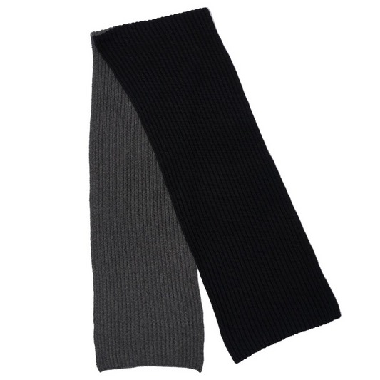 A view of a grey and black two toned scarf in a rib knit.