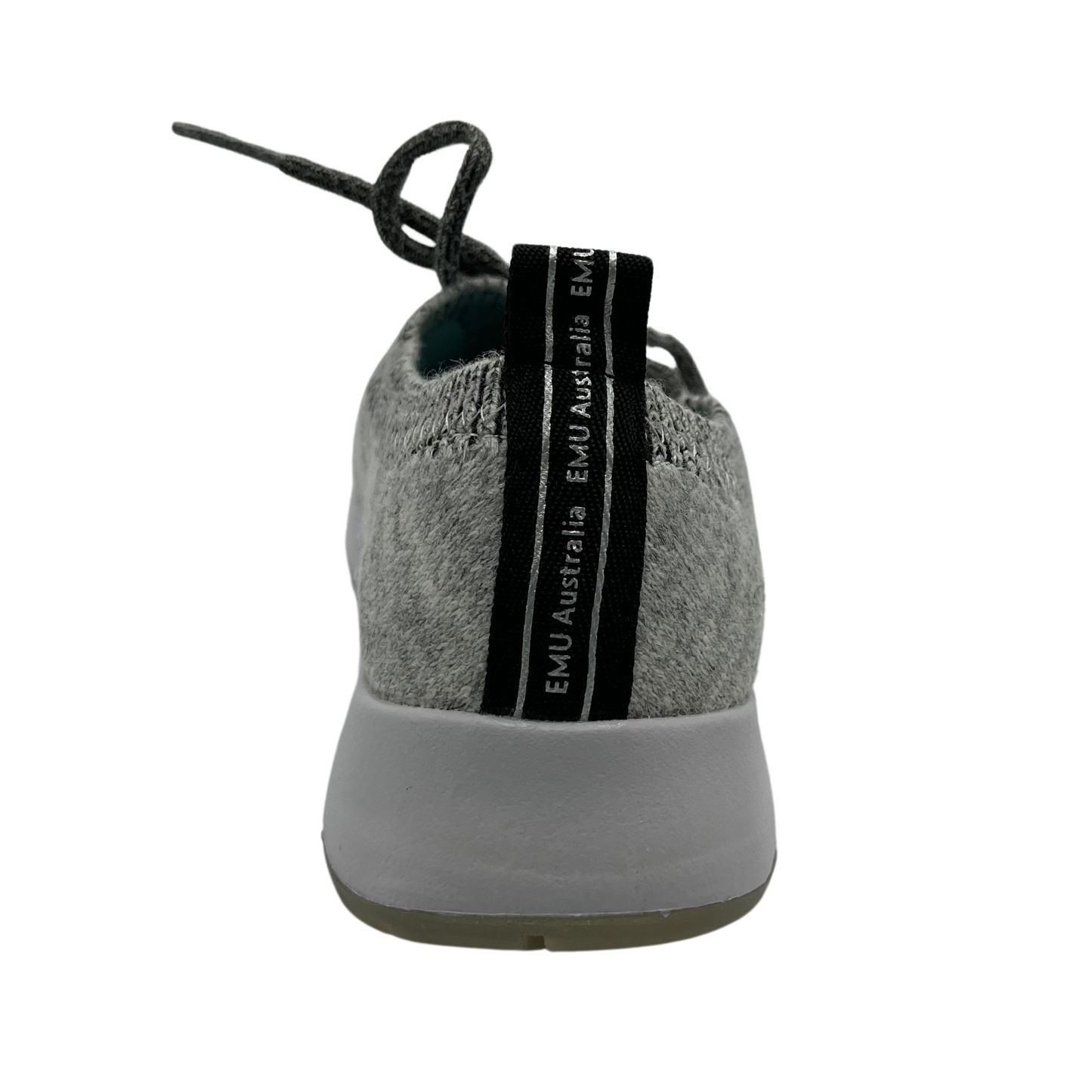 Back view of grey wool blend sneaker with heather grey laces and white EVA outsole