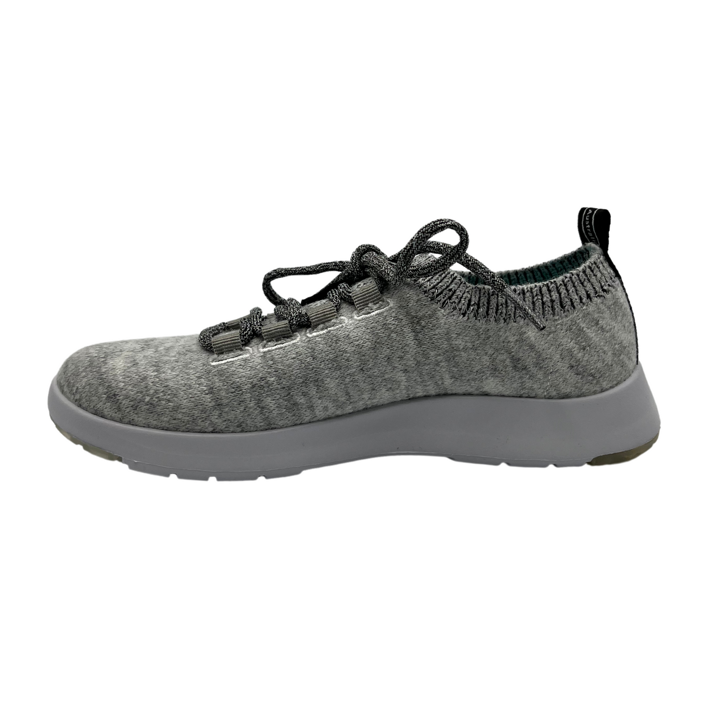 Left facing view of grey wool blend sneaker with heather grey laces and white EVA outsole