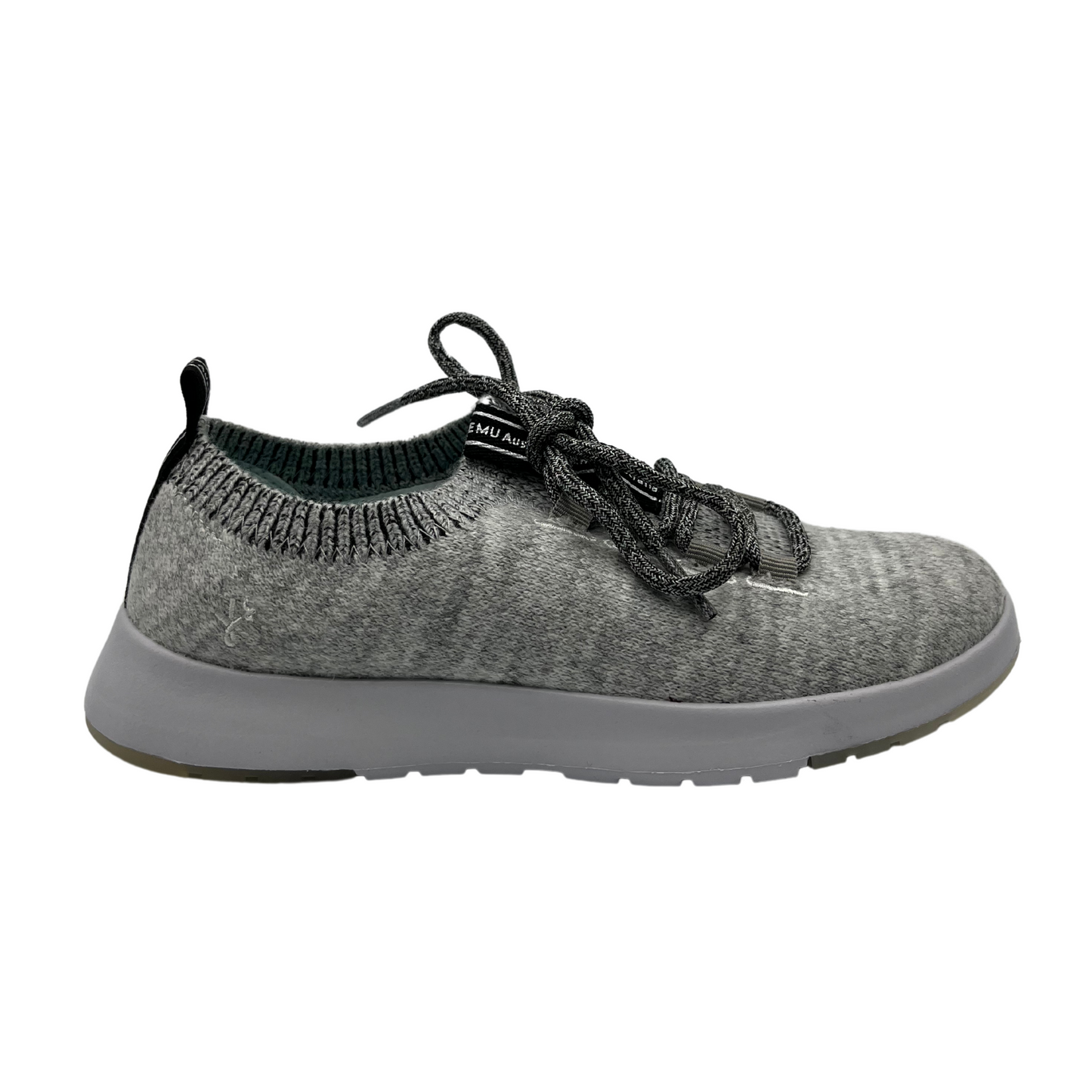 Right facing view of grey wool blend sneaker with heather grey laces and white EVA outsole