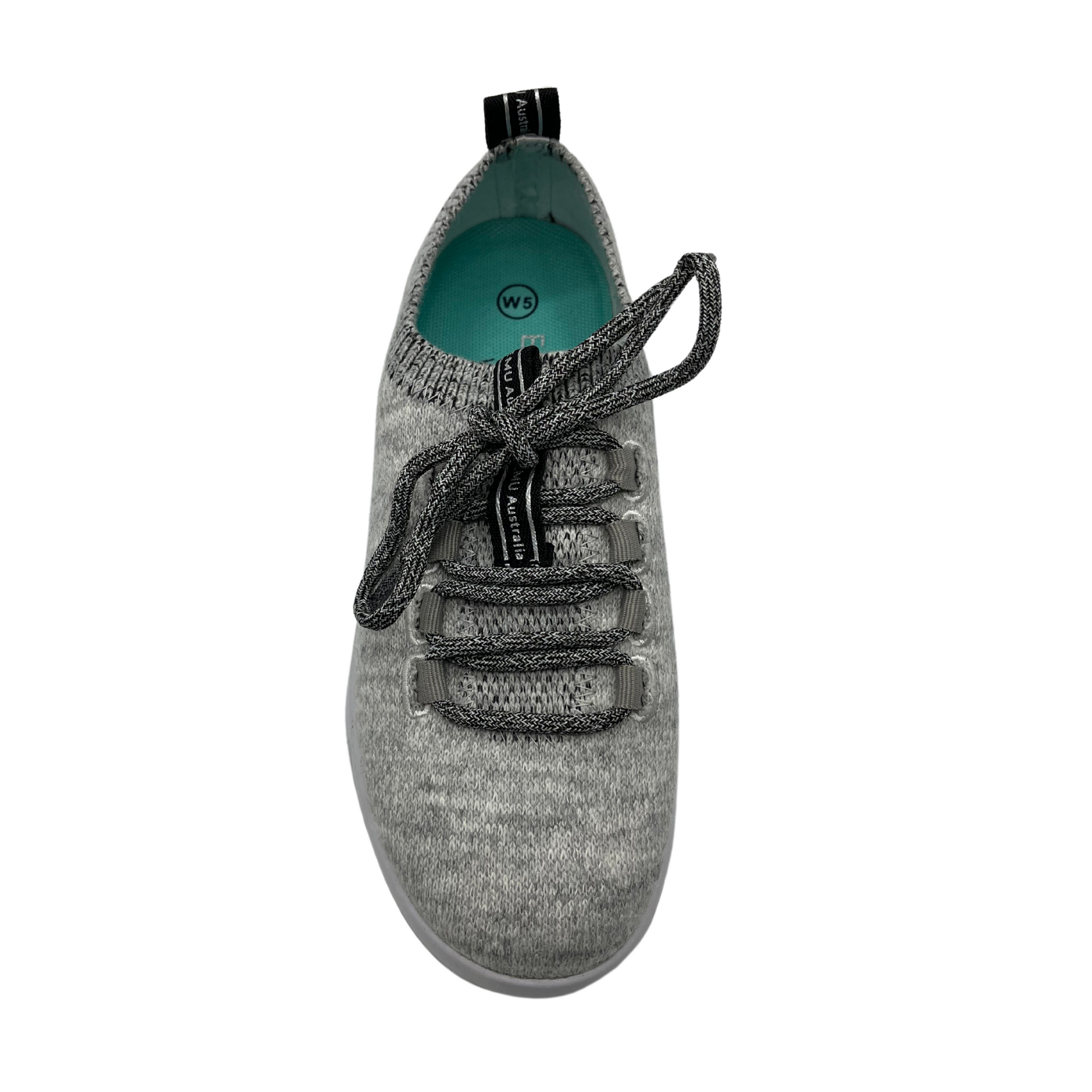 Top view of grey wool blend sneaker with heather grey laces and white EVA outsole