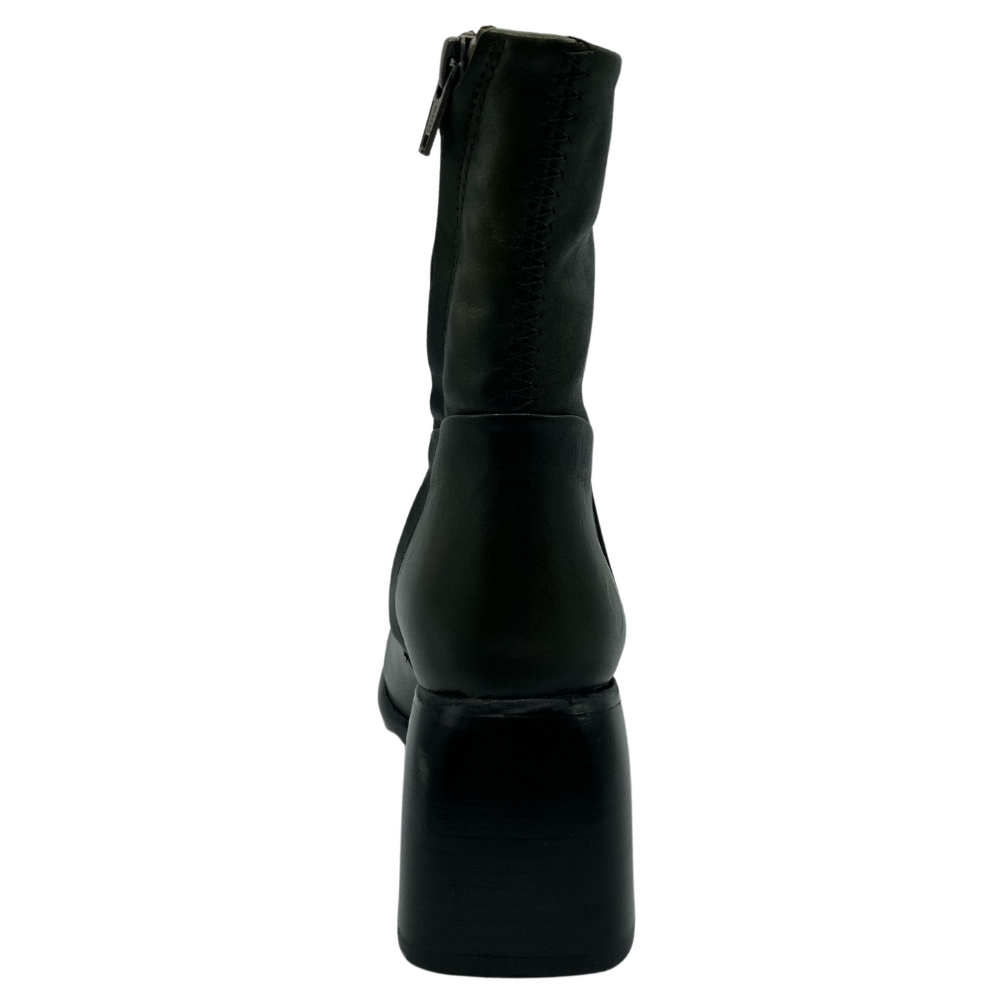 Heel view of dark green short leather boot with block heel and zipper closure