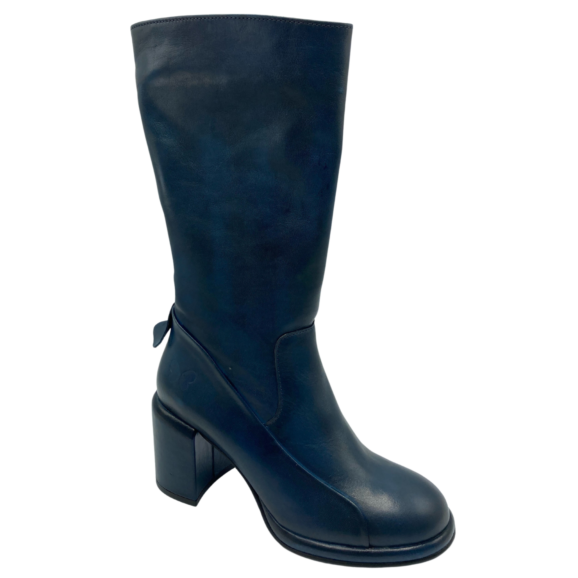 45 degree view of blue leather calf-height boot with a chunky heel.