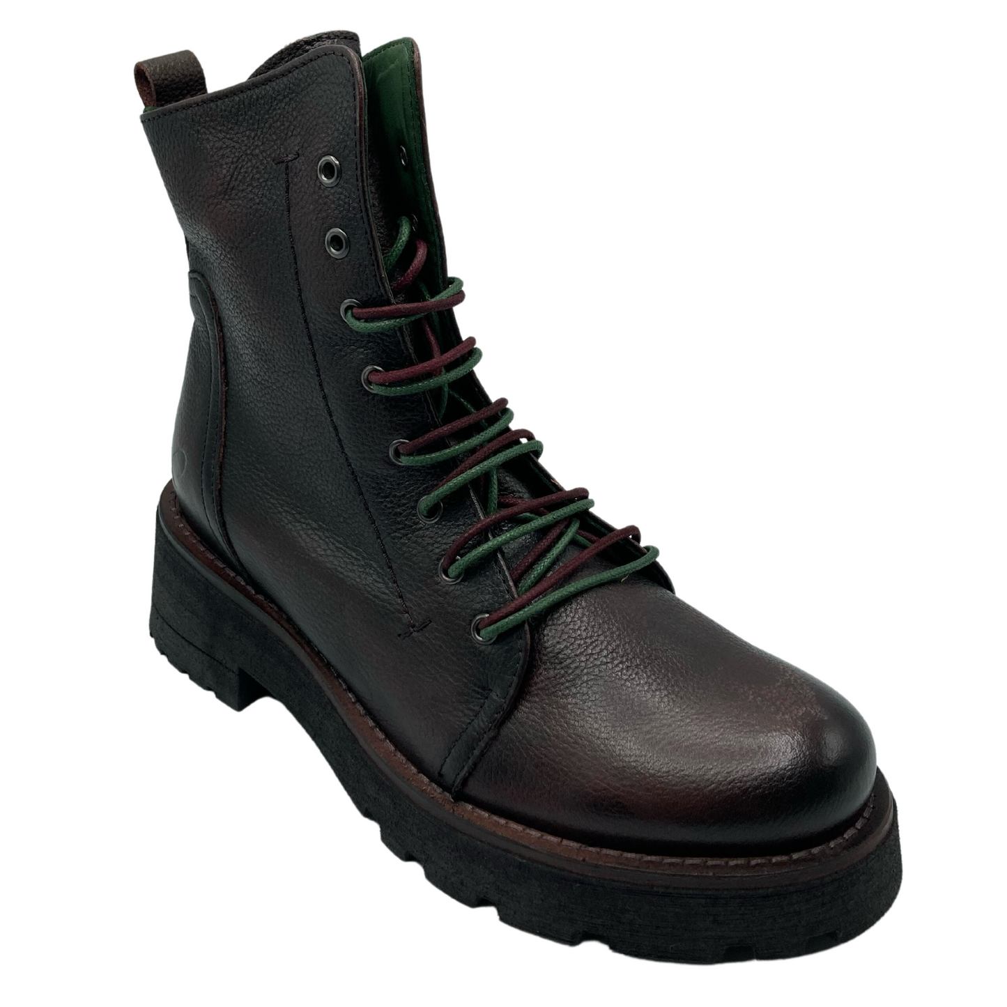 45 degree angled view of berry coloured leather combat boot with maroon and green laces.