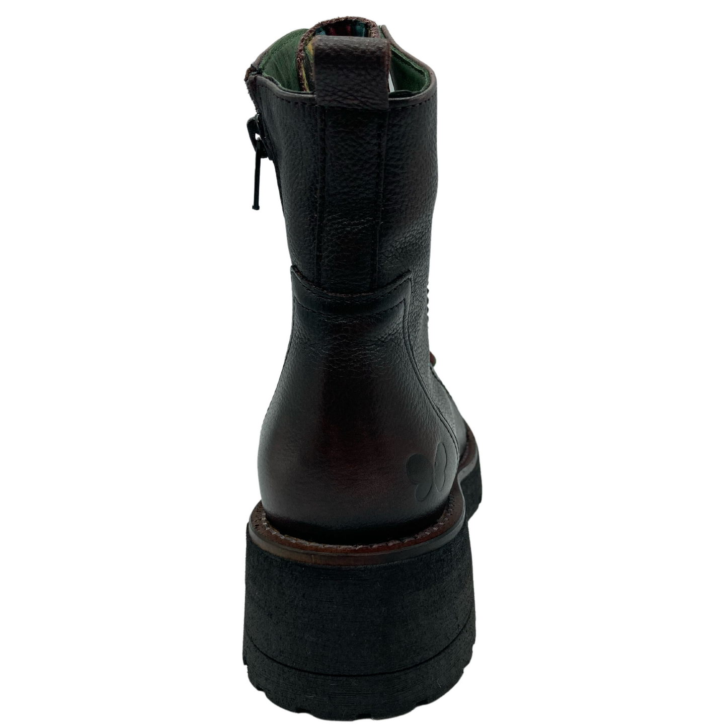 Hind view of calf-height leather boot with pull tab and chunky heel