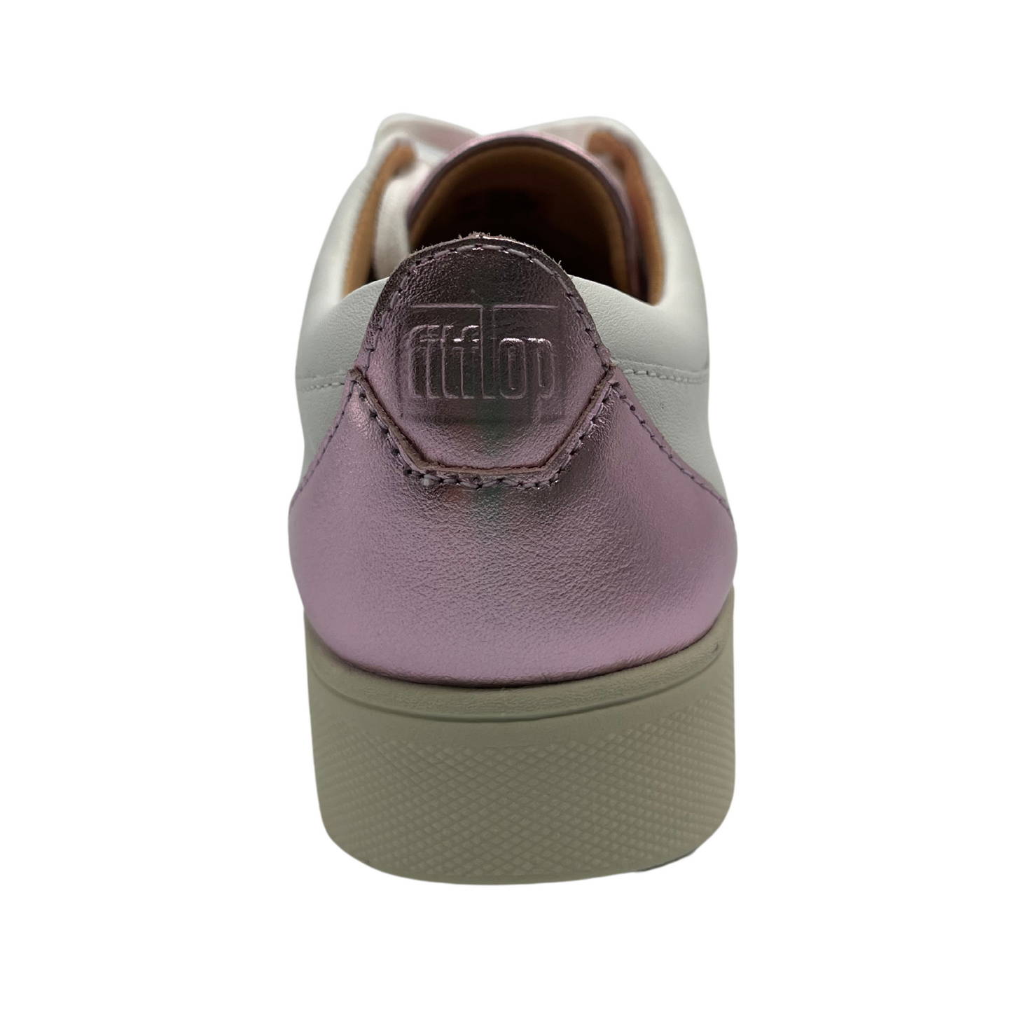 Back view of white leather sneakers with white laces, rubber outsole and metallic lilac detail on heel