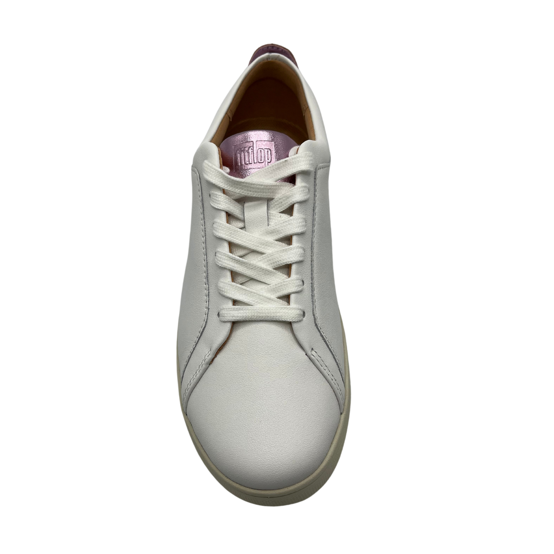 Top view of white leather sneakers with white laces, rubber outsole and metallic lilac detail on heel