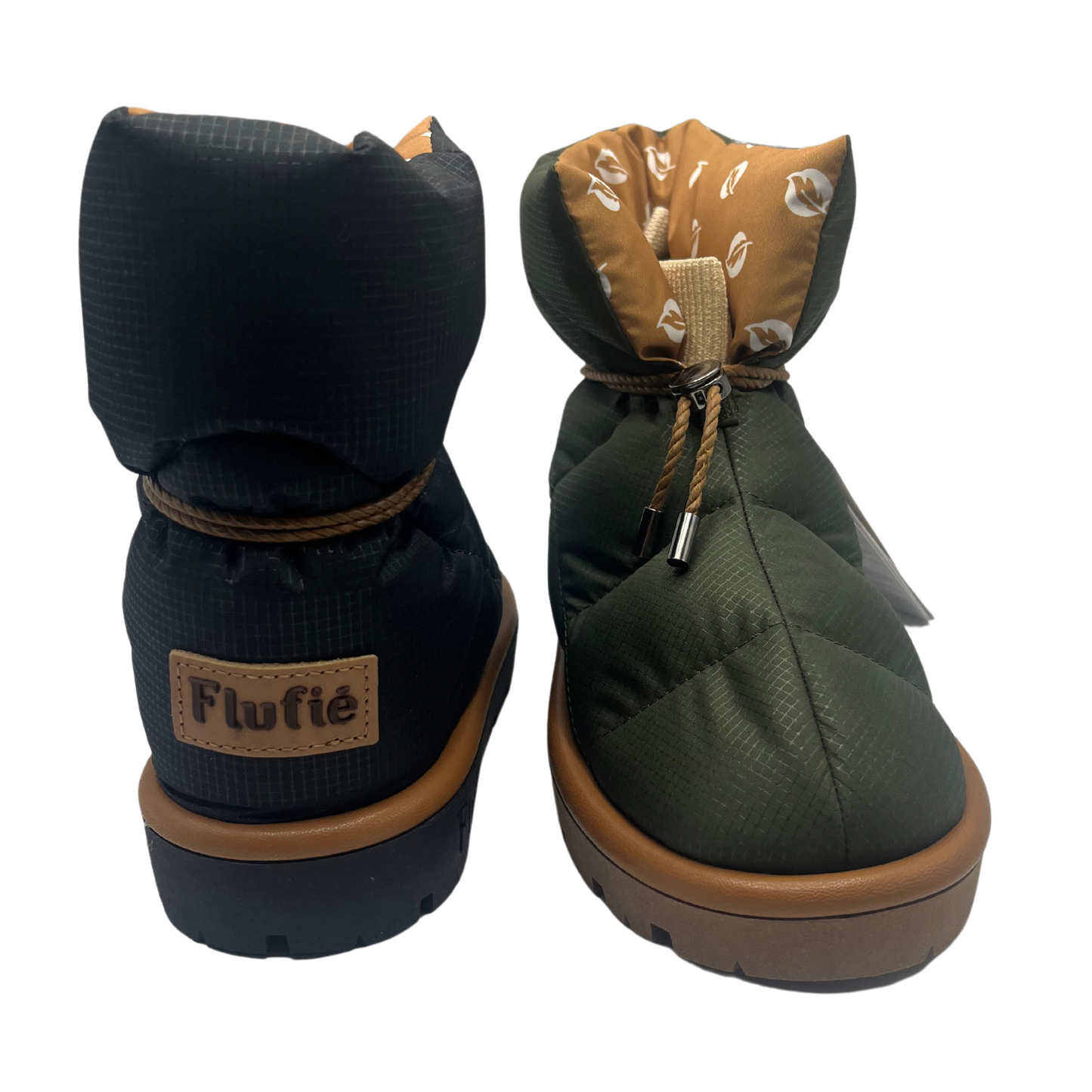 View of two puffy short boots. One is black and one is khaki.