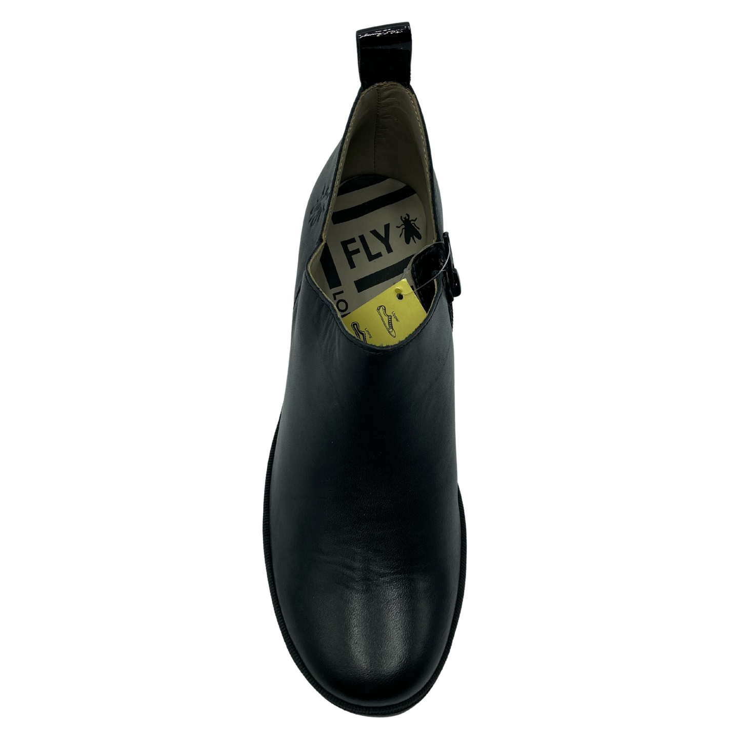 Top view of rounded toe black leather bootie with heel pull-on tab