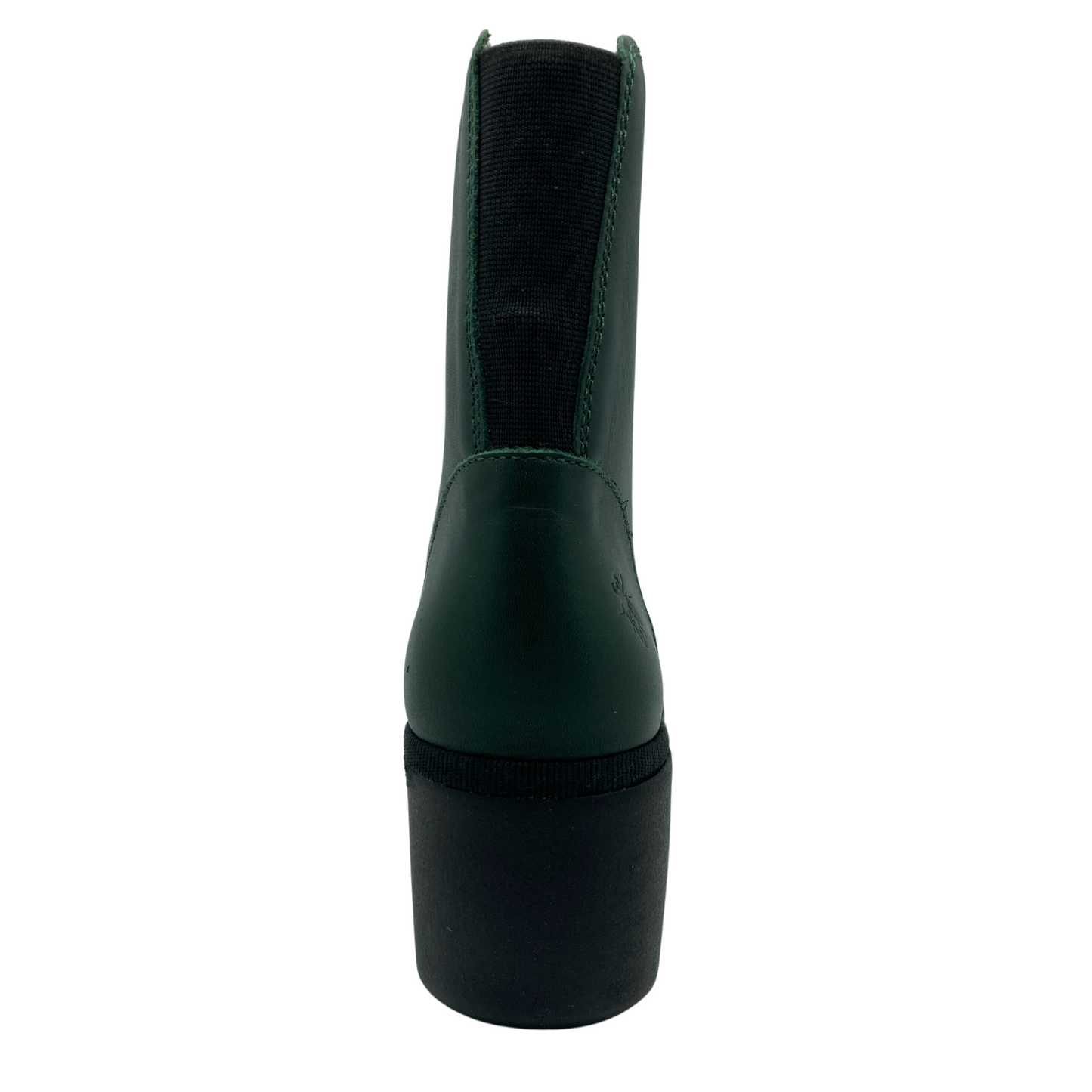 Hind view of green leather short boot with chunky black heel and black elastic panel