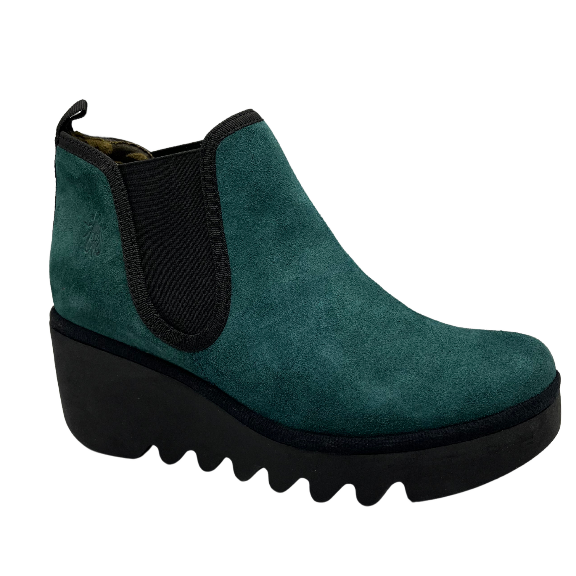 45 degree angled view of turquoise suede short boot with double elastic side gore and rugged outsole