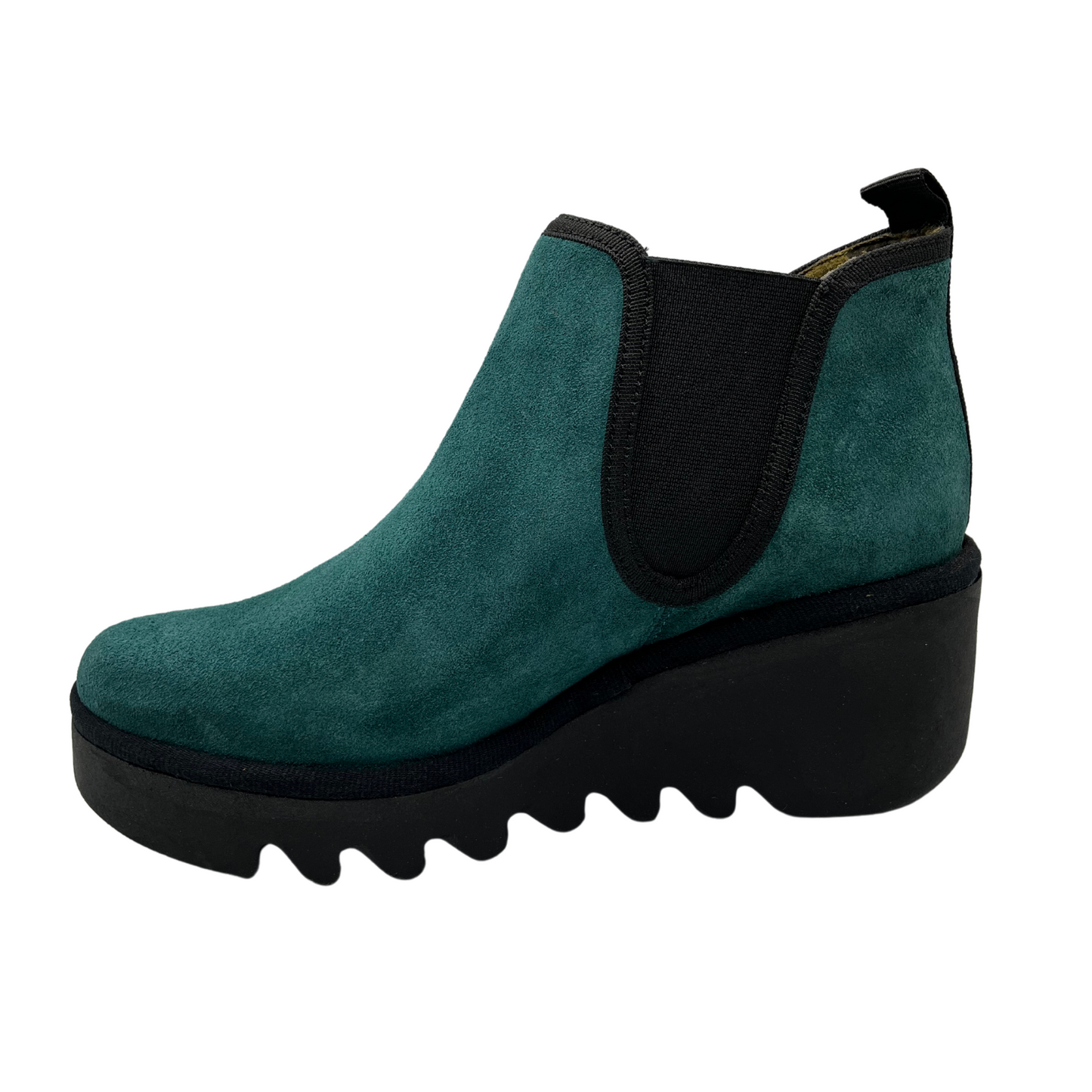 Left facing view of turquoise suede short boot with double elastic side gore and rugged outsole