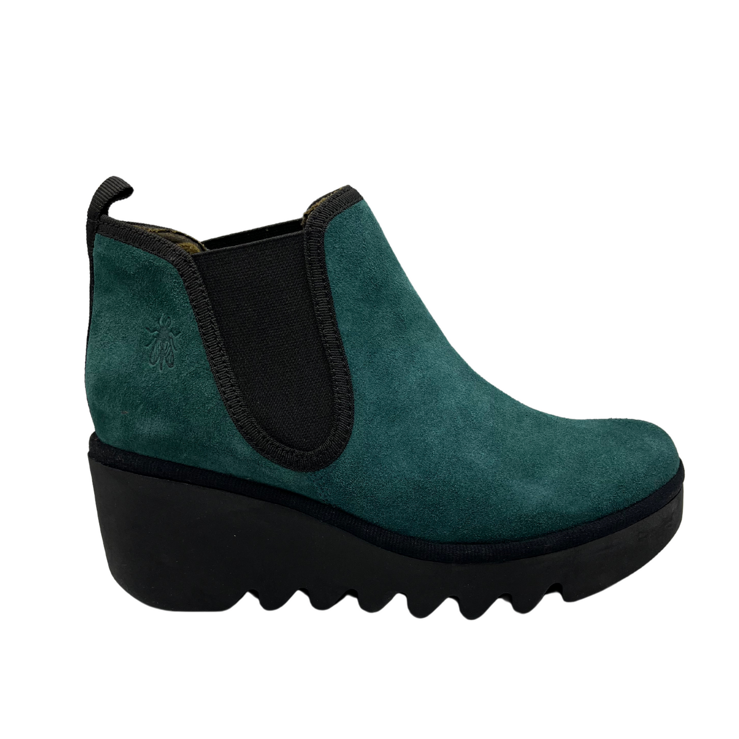Right facing view of turquoise suede short boot with double elastic side gore and rugged outsole
