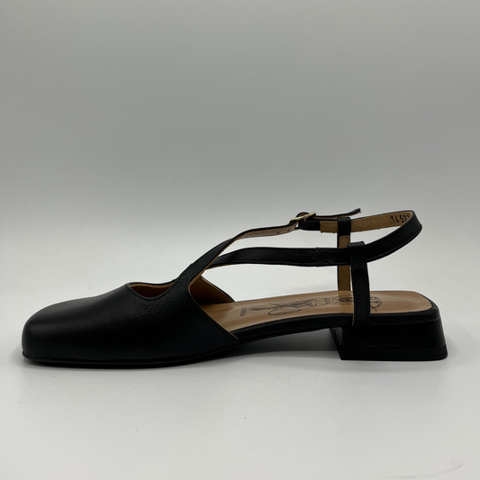 Left facing view of a black leather sandal with a closed toe, an adjustable ankle strap and a low heel.