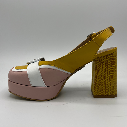 Left facing view of a yellow and pink high heeled shoe with a white buckle detail and an adjustable slingback strap.