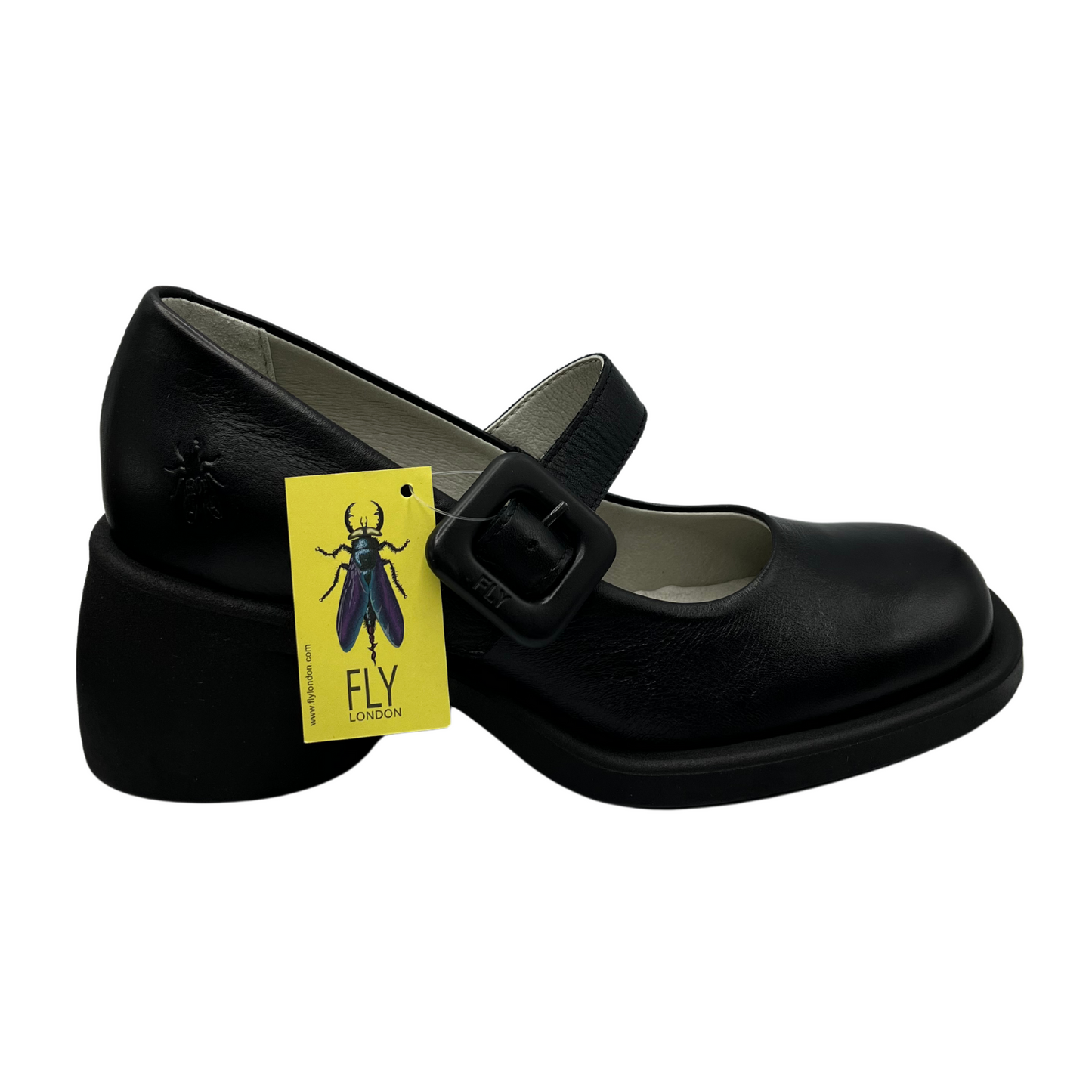 Right facing view of black leather maryjane shoe. Matching branded buckle with chunky black heel.