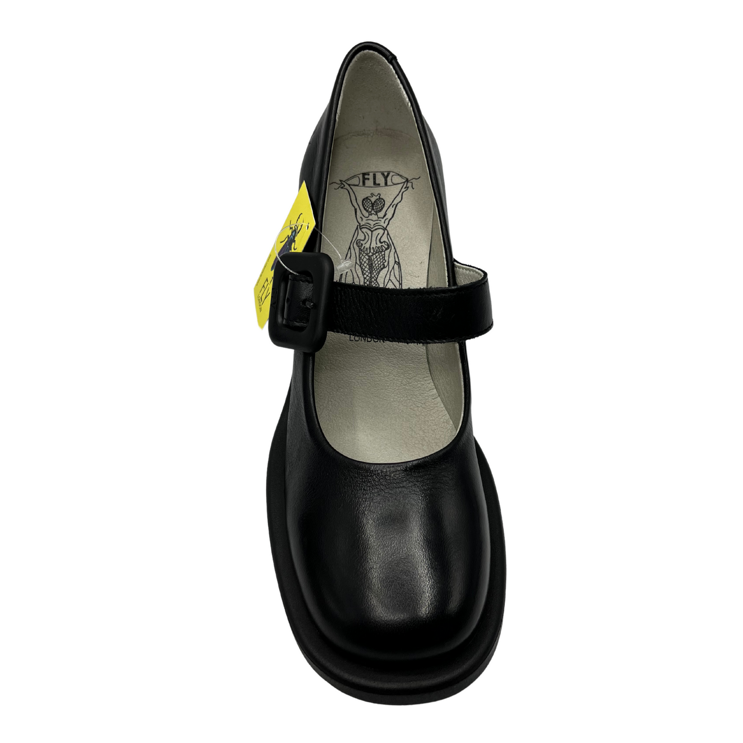 Top view of black leather maryjane shoe. Matching branded buckle with chunky black heel.