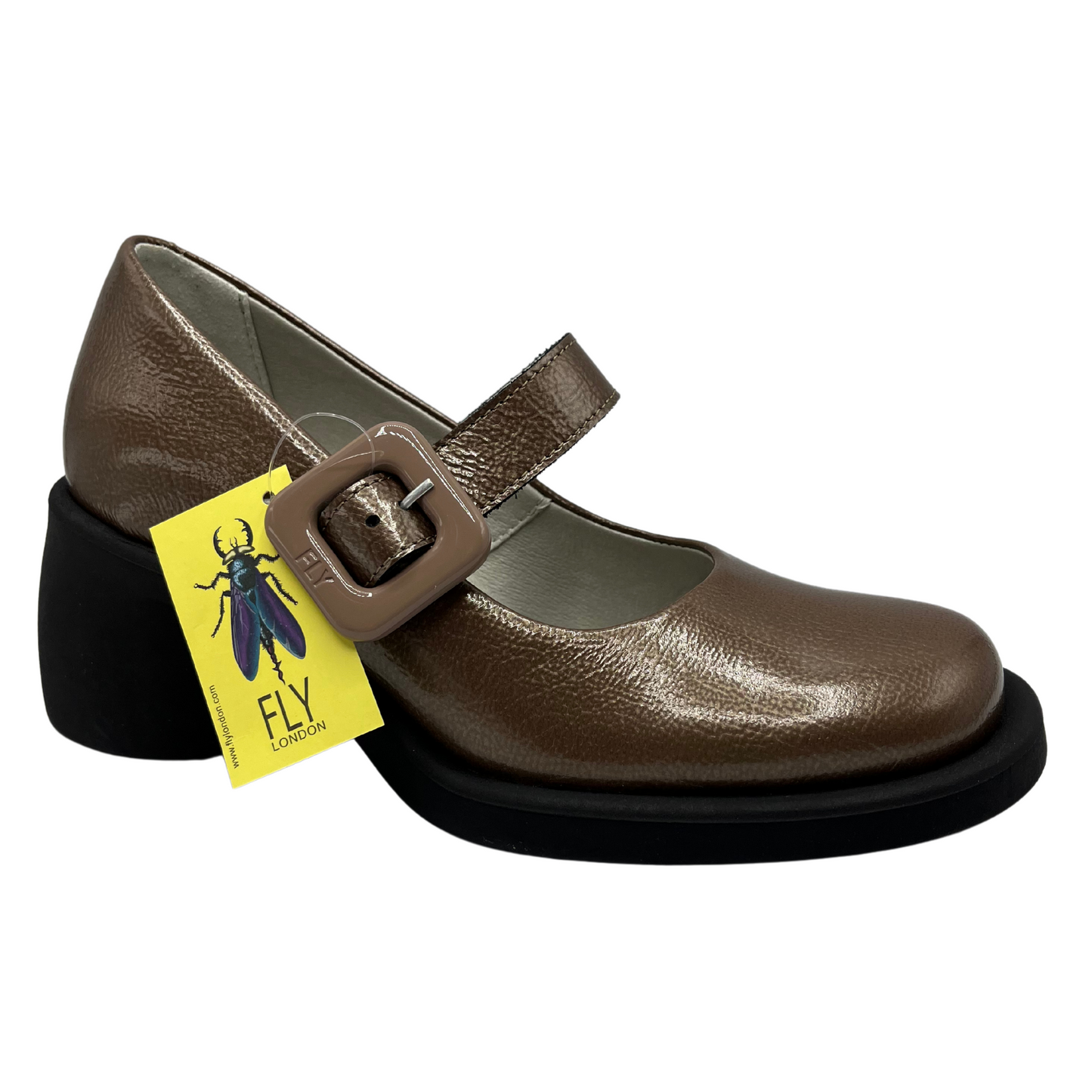 45 degree angled view of taupe patent leather maryjane shoe. Matching branded buckle with chunky black heel.