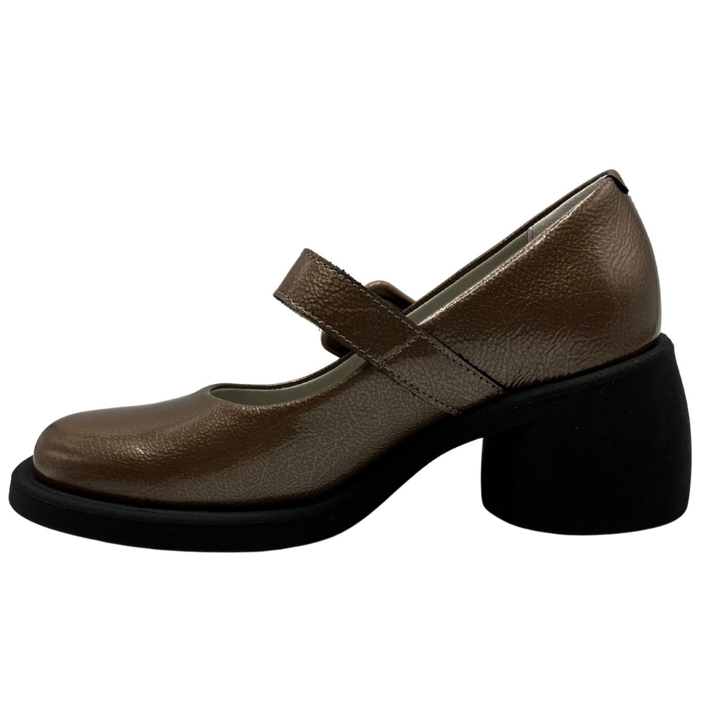 Left facing view of taupe patent leather maryjane shoe. Matching branded buckle with chunky black heel.