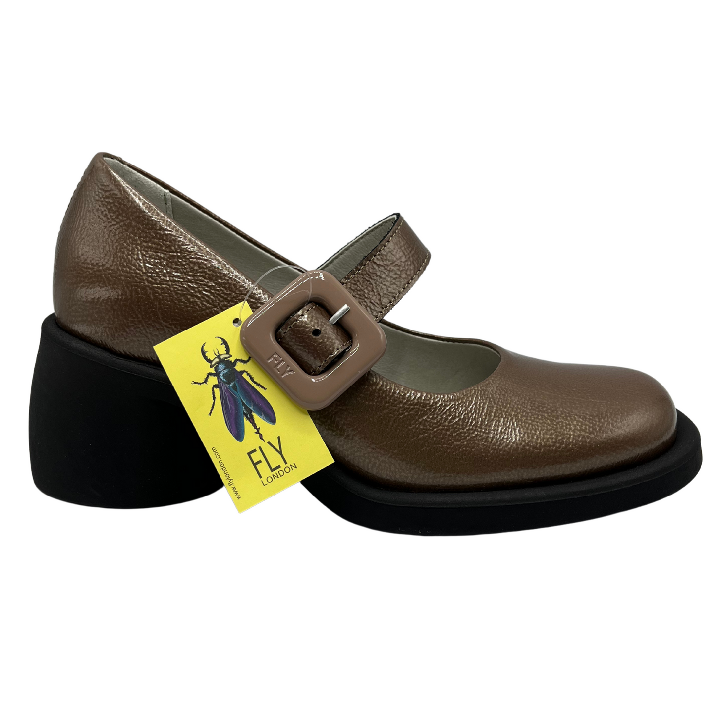 Right facing view of taupe patent leather maryjane shoe. Matching branded buckle with chunky black heel.
