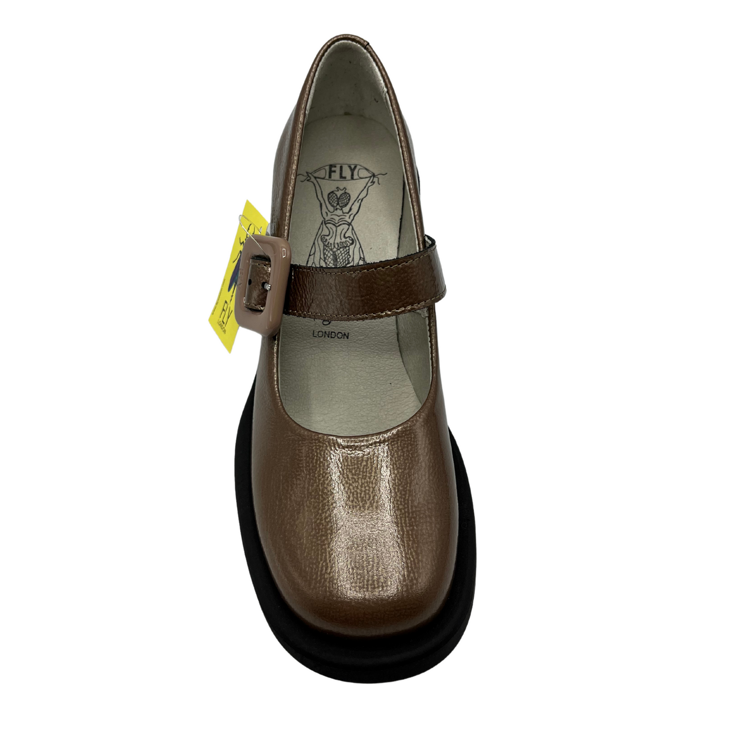 Top view of taupe patent leather maryjane shoe. Matching branded buckle with chunky black heel.
