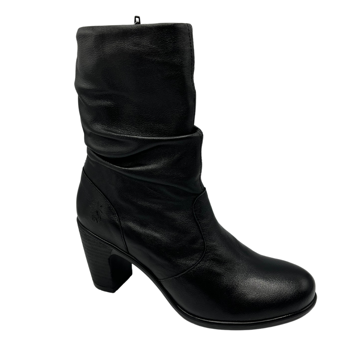 45 degree angled view of slouchy black leather boot with side zipper closure, rounded toe and 2.25 inch heel