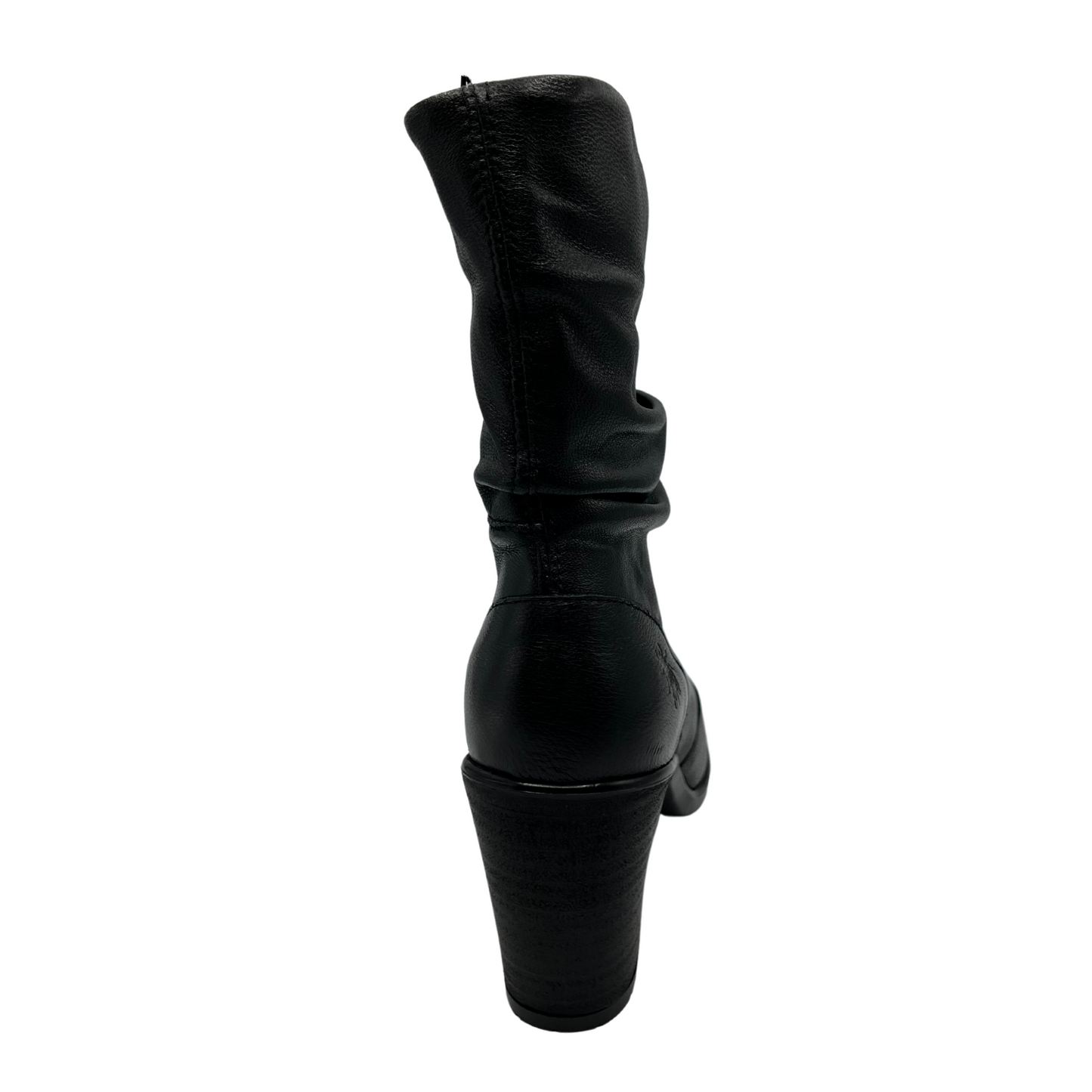 Back view of slouchy black leather boot with side zipper closure, rounded toe and 2.25 inch heel