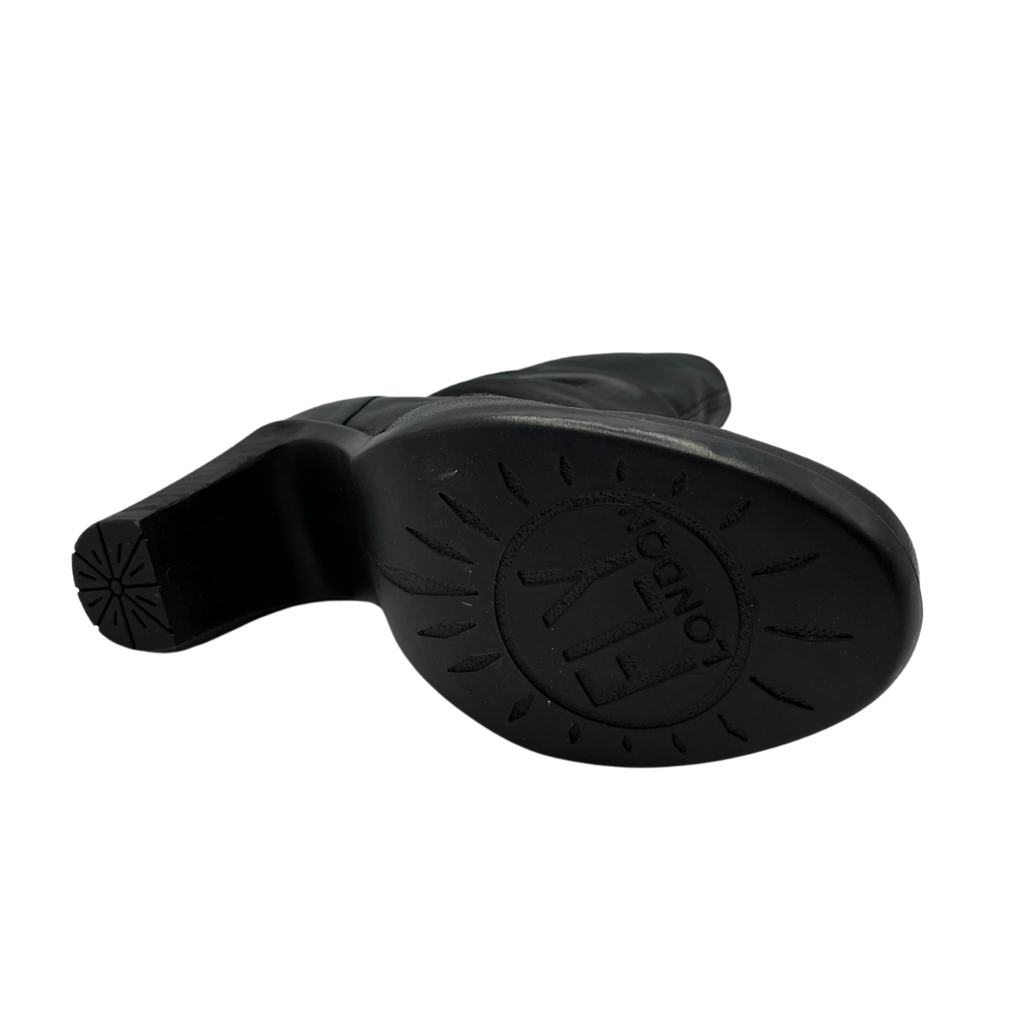 Bottom view of slouchy black leather boot with side zipper closure, rounded toe and 2.25 inch heel