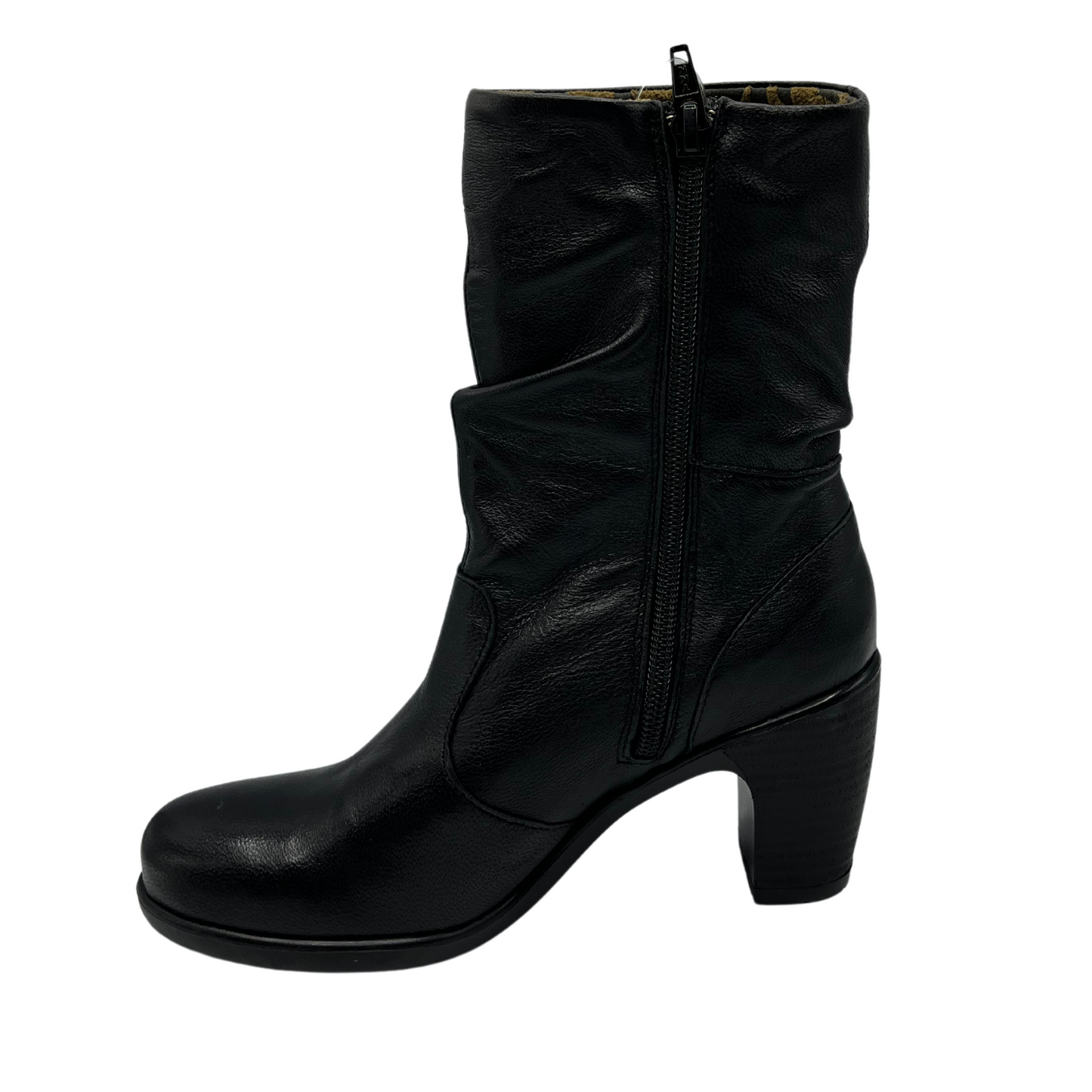 Left facing view of slouchy black leather boot with side zipper closure, rounded toe and 2.25 inch heel