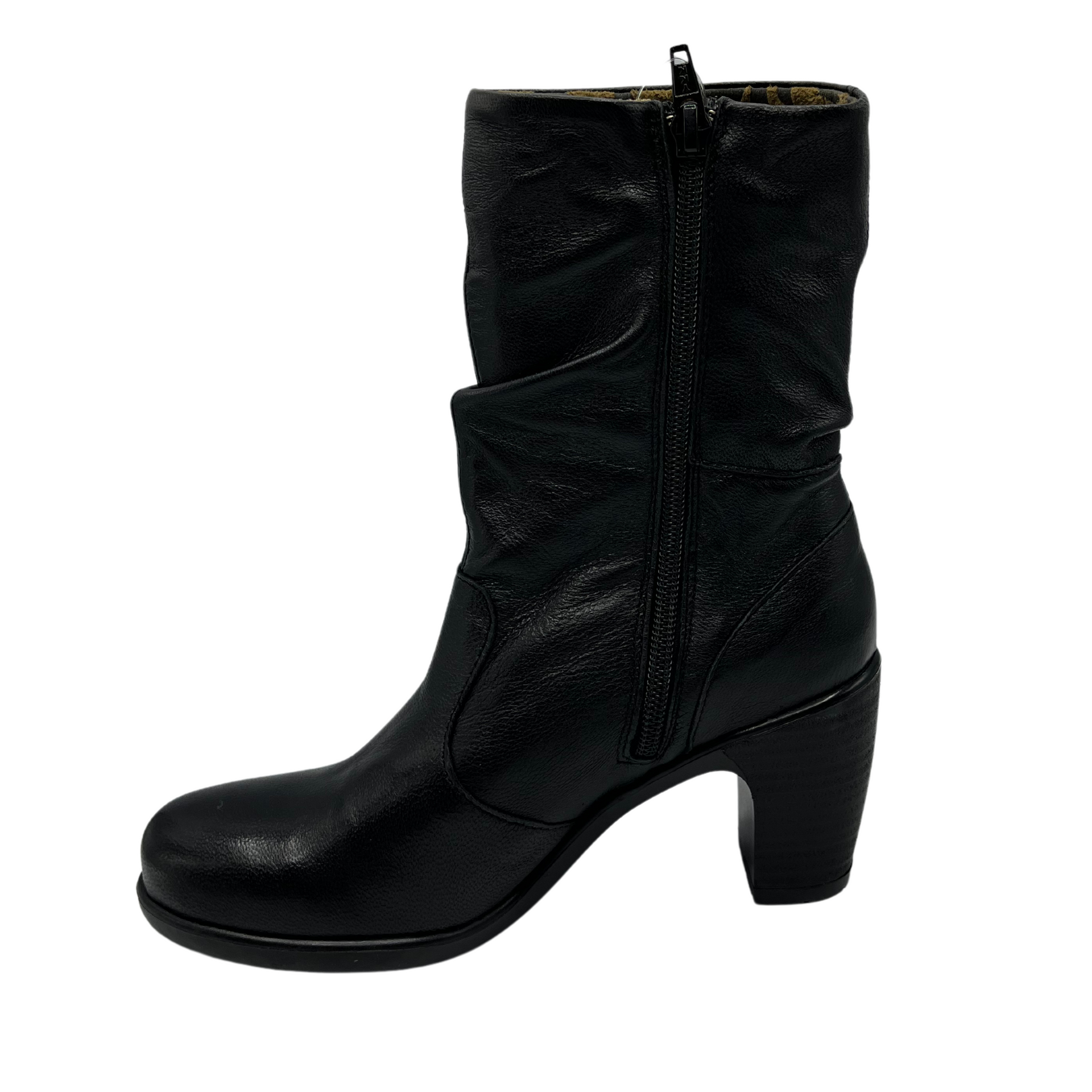 Left facing view of slouchy black leather boot with side zipper closure, rounded toe and 2.25 inch heel