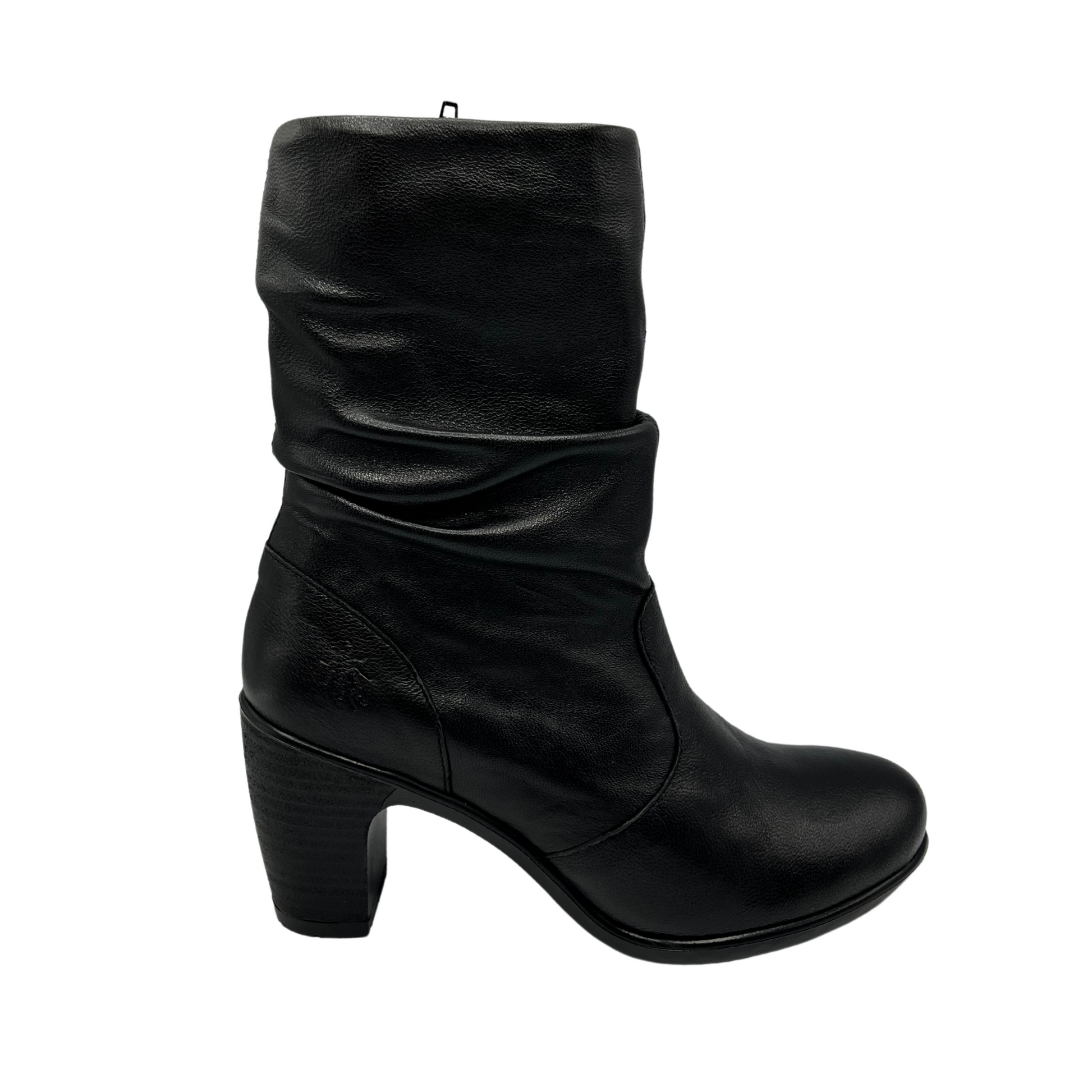 Right facing view of slouchy black leather boot with side zipper closure, rounded toe and 2.25 inch heel
