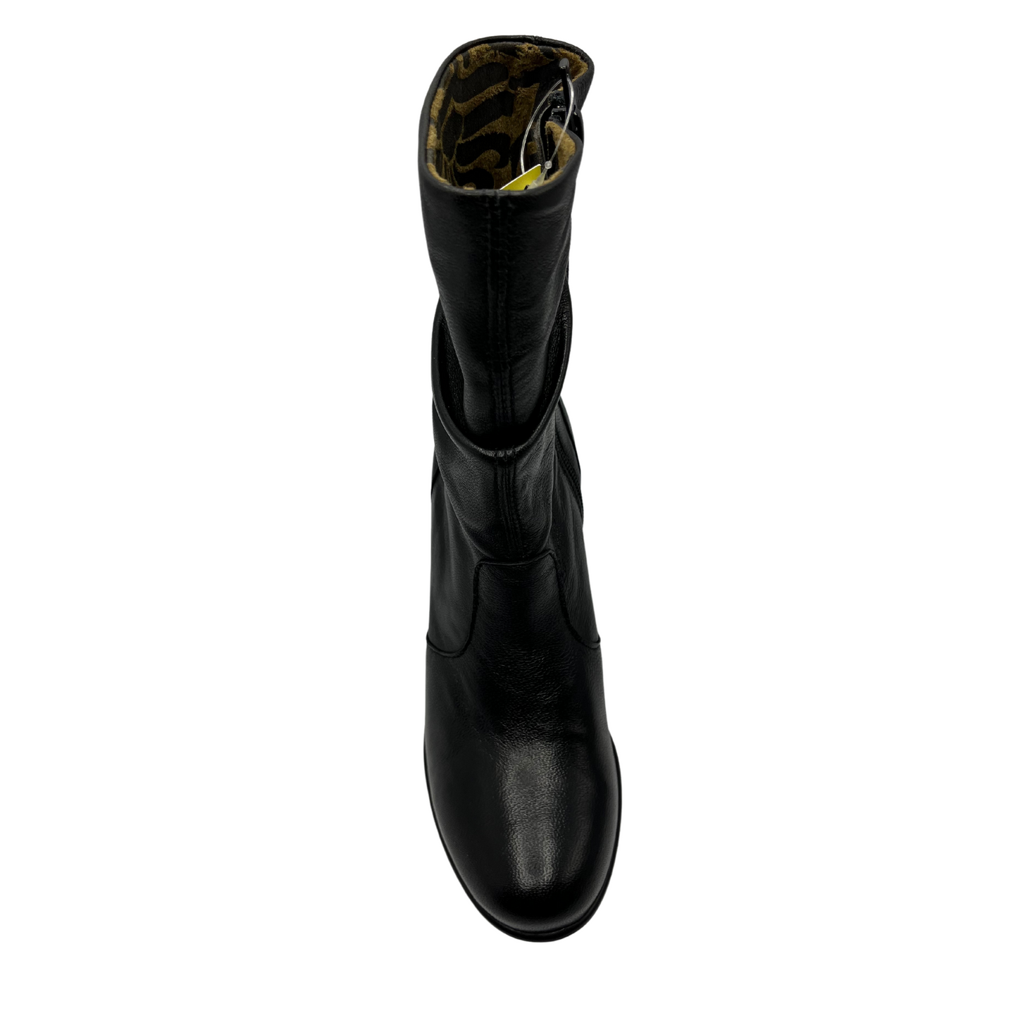 Top view of slouchy black leather boot with side zipper closure, rounded toe and 2.25 inch heel
